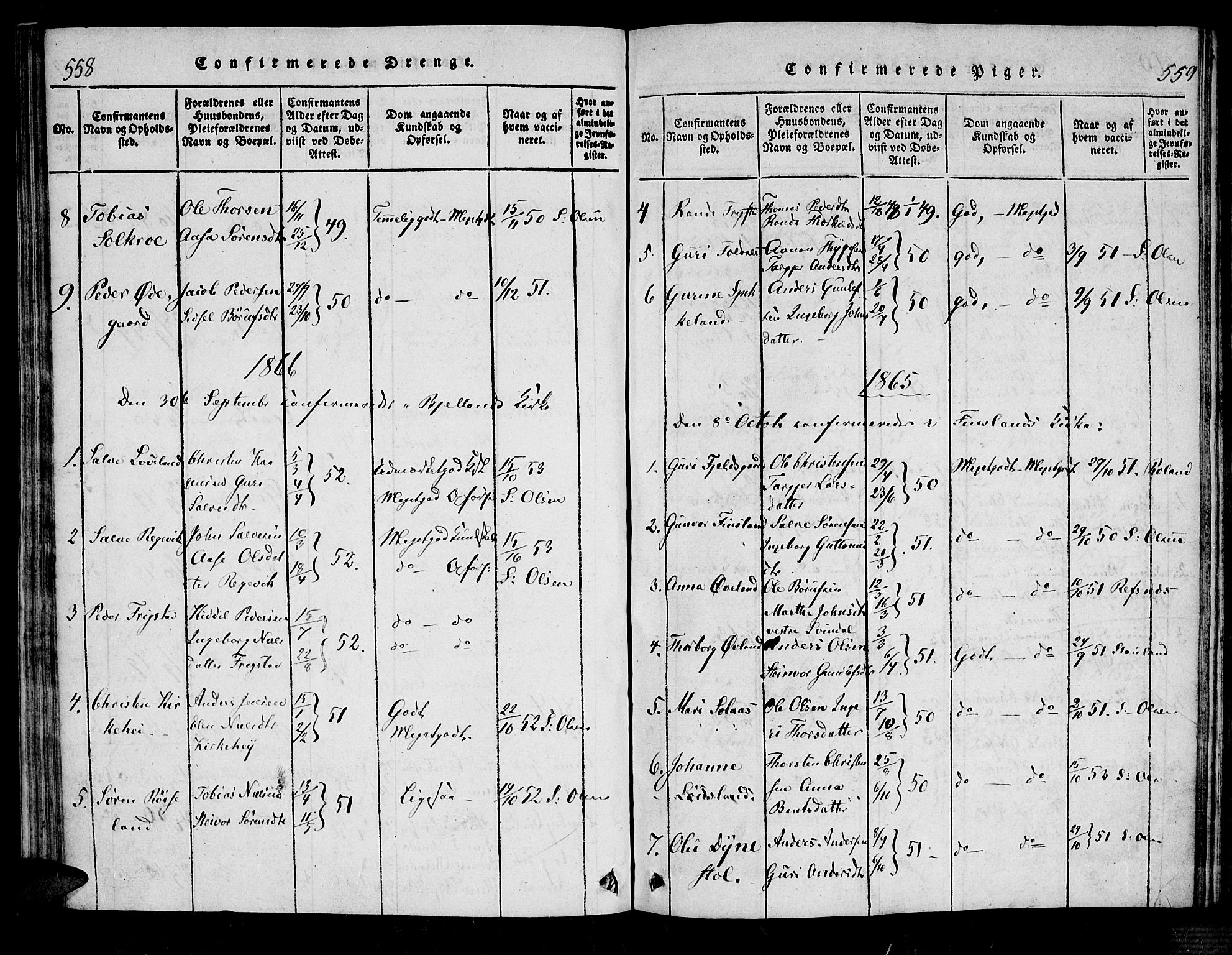 Bjelland sokneprestkontor, SAK/1111-0005/F/Fa/Fab/L0002: Ministerialbok nr. A 2, 1816-1869, s. 558-559