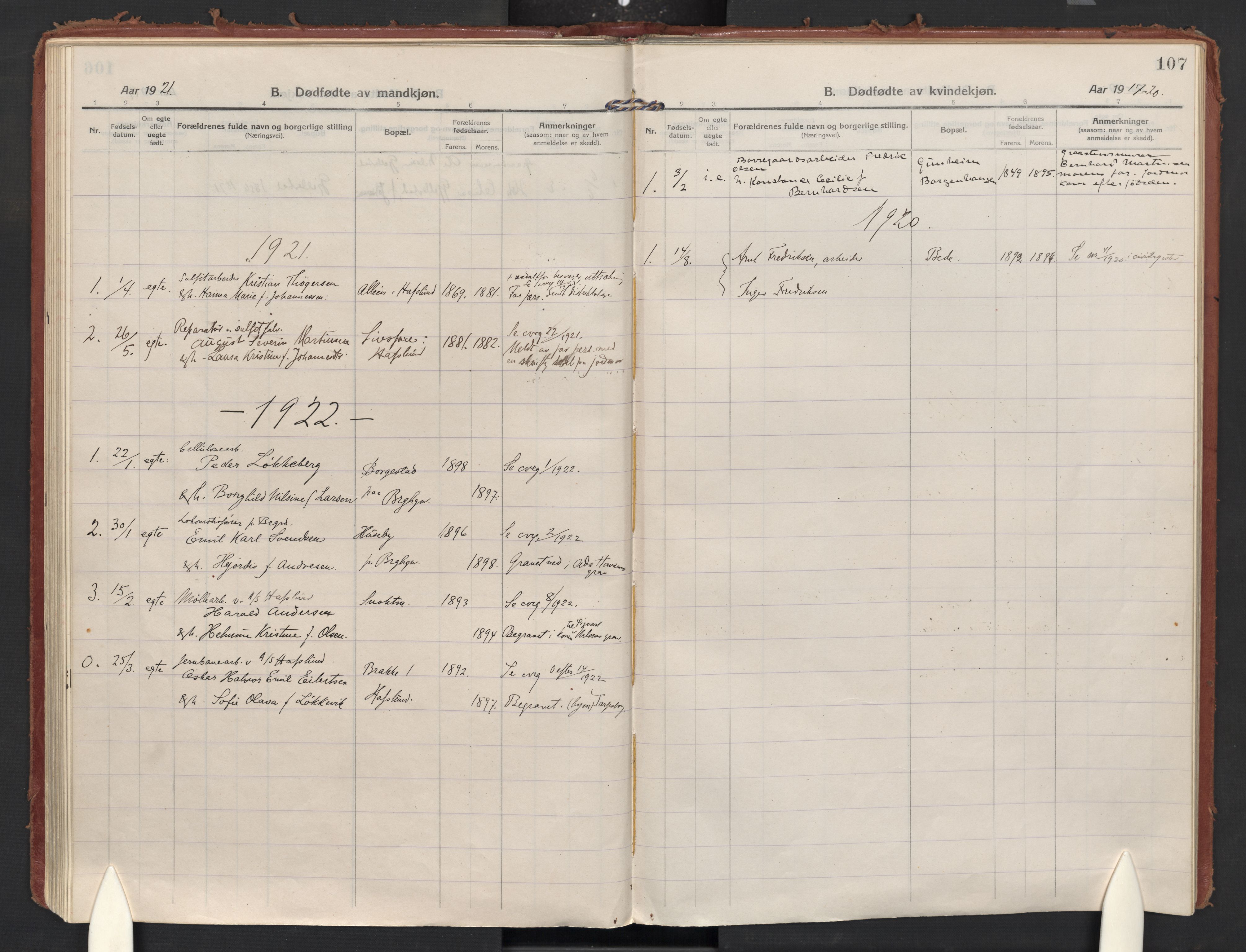 Skjeberg prestekontor Kirkebøker, AV/SAO-A-10923/F/Fd/L0001: Ministerialbok nr. IV 1, 1916-1925, s. 107