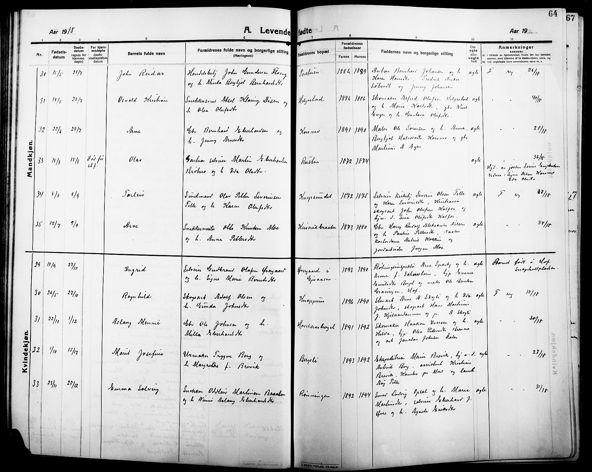 Åsnes prestekontor, SAH/PREST-042/H/Ha/Hab/L0007: Klokkerbok nr. 7, 1909-1926, s. 64