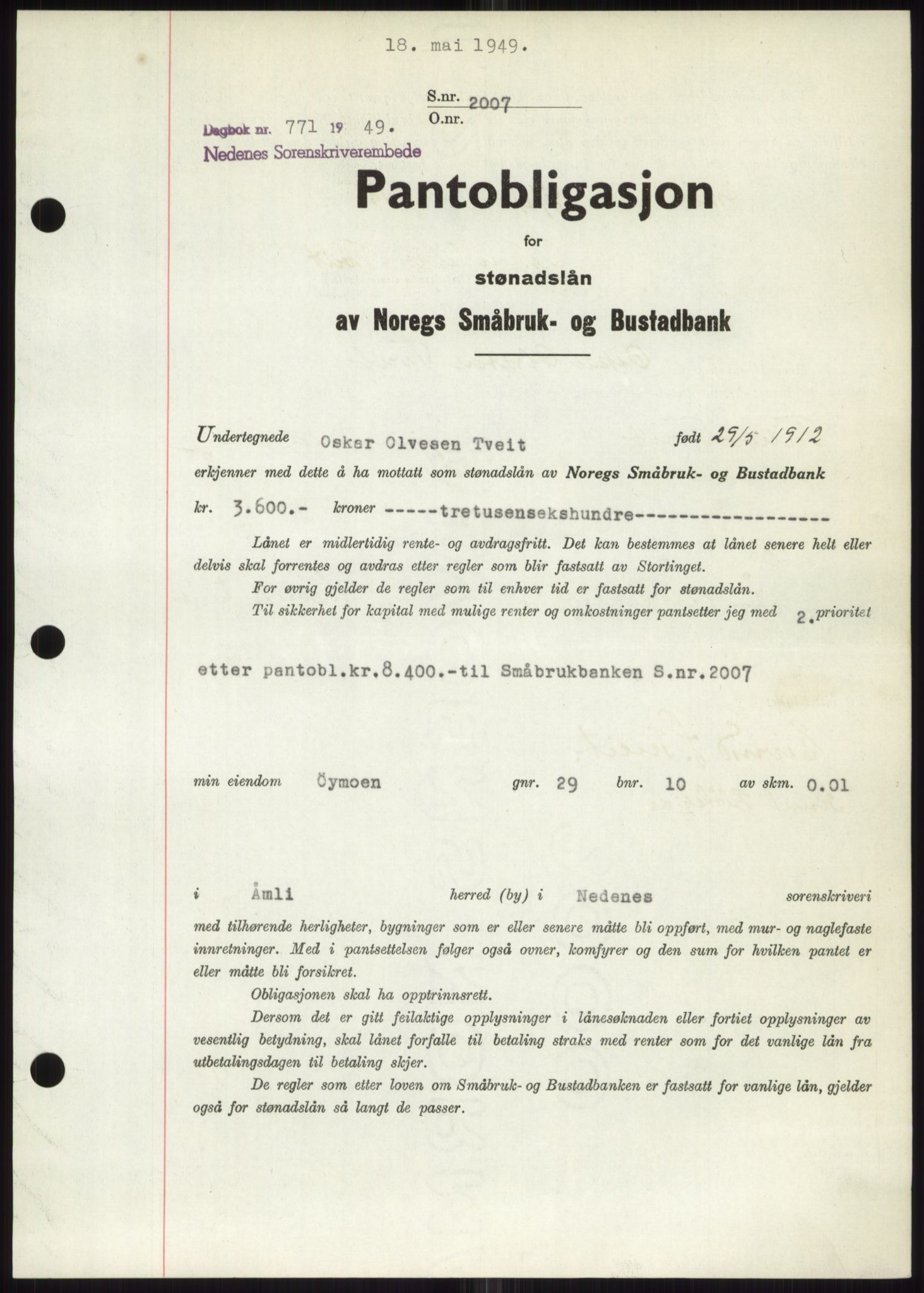 Nedenes sorenskriveri, SAK/1221-0006/G/Gb/Gbb/L0006: Pantebok nr. B6, 1948-1949, Dagboknr: 771/1949