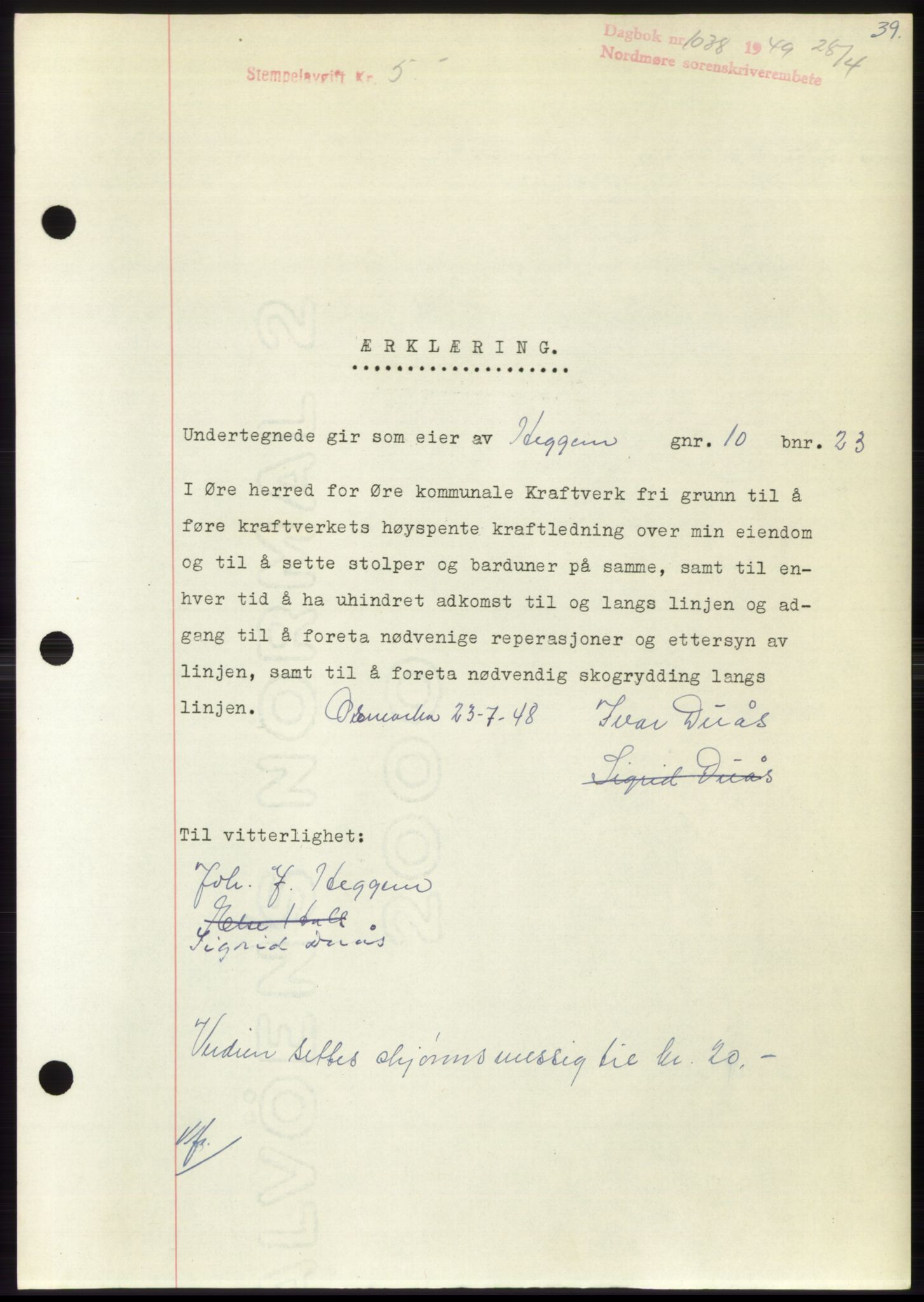 Nordmøre sorenskriveri, AV/SAT-A-4132/1/2/2Ca: Pantebok nr. B101, 1949-1949, Dagboknr: 1038/1949