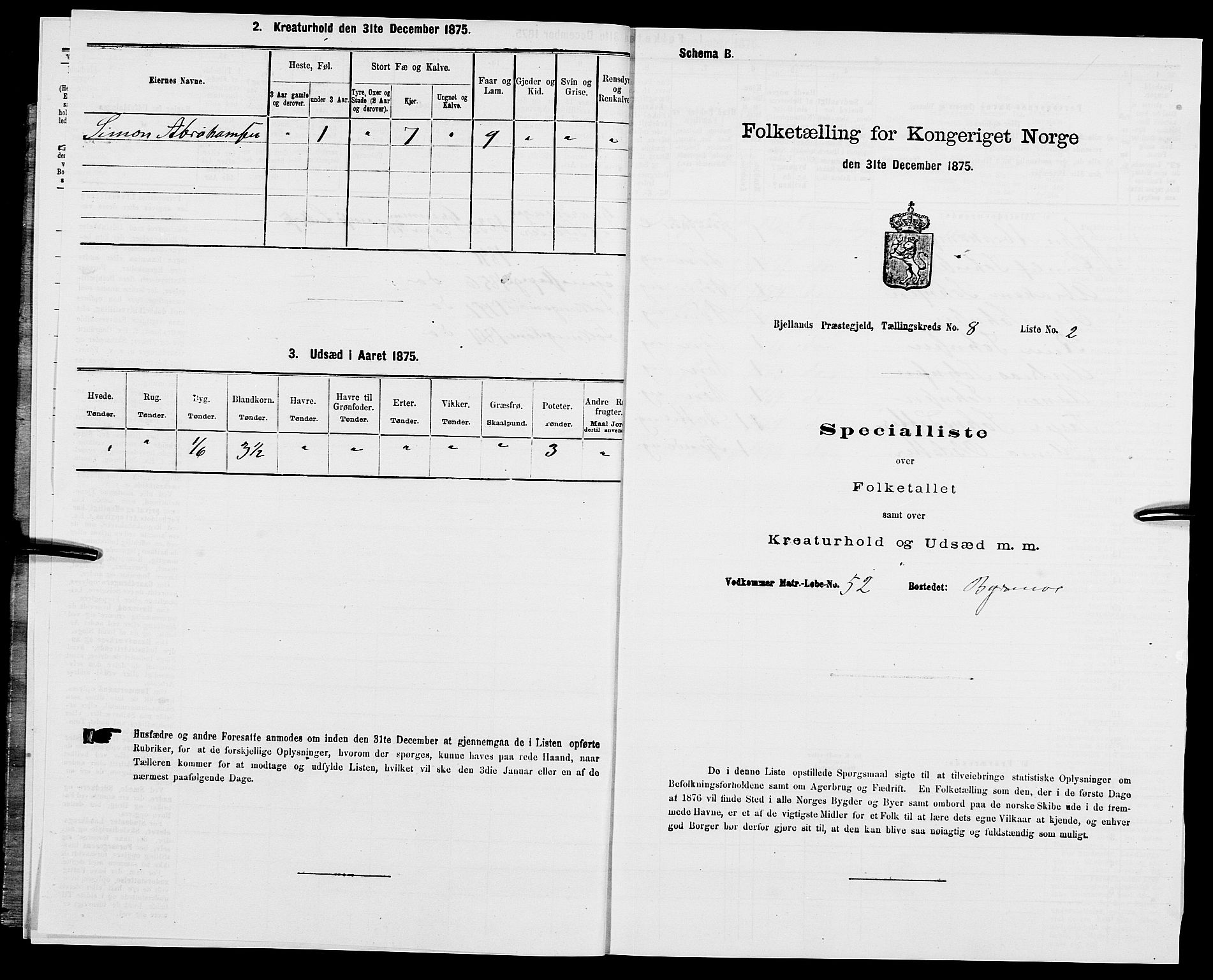 SAK, Folketelling 1875 for 1024P Bjelland prestegjeld, 1875, s. 510