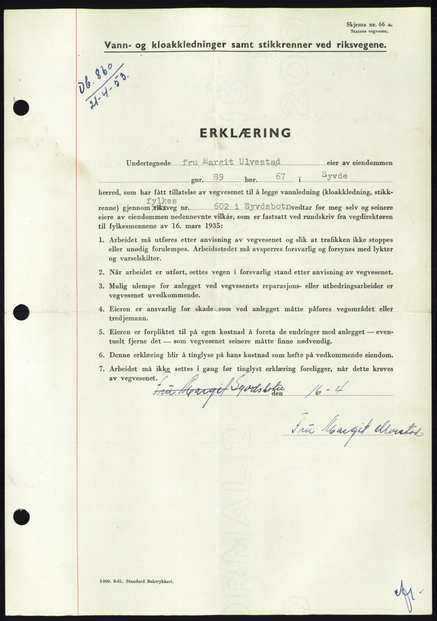 Søre Sunnmøre sorenskriveri, AV/SAT-A-4122/1/2/2C/L0094: Pantebok nr. 20A, 1953-1953, Dagboknr: 860/1953