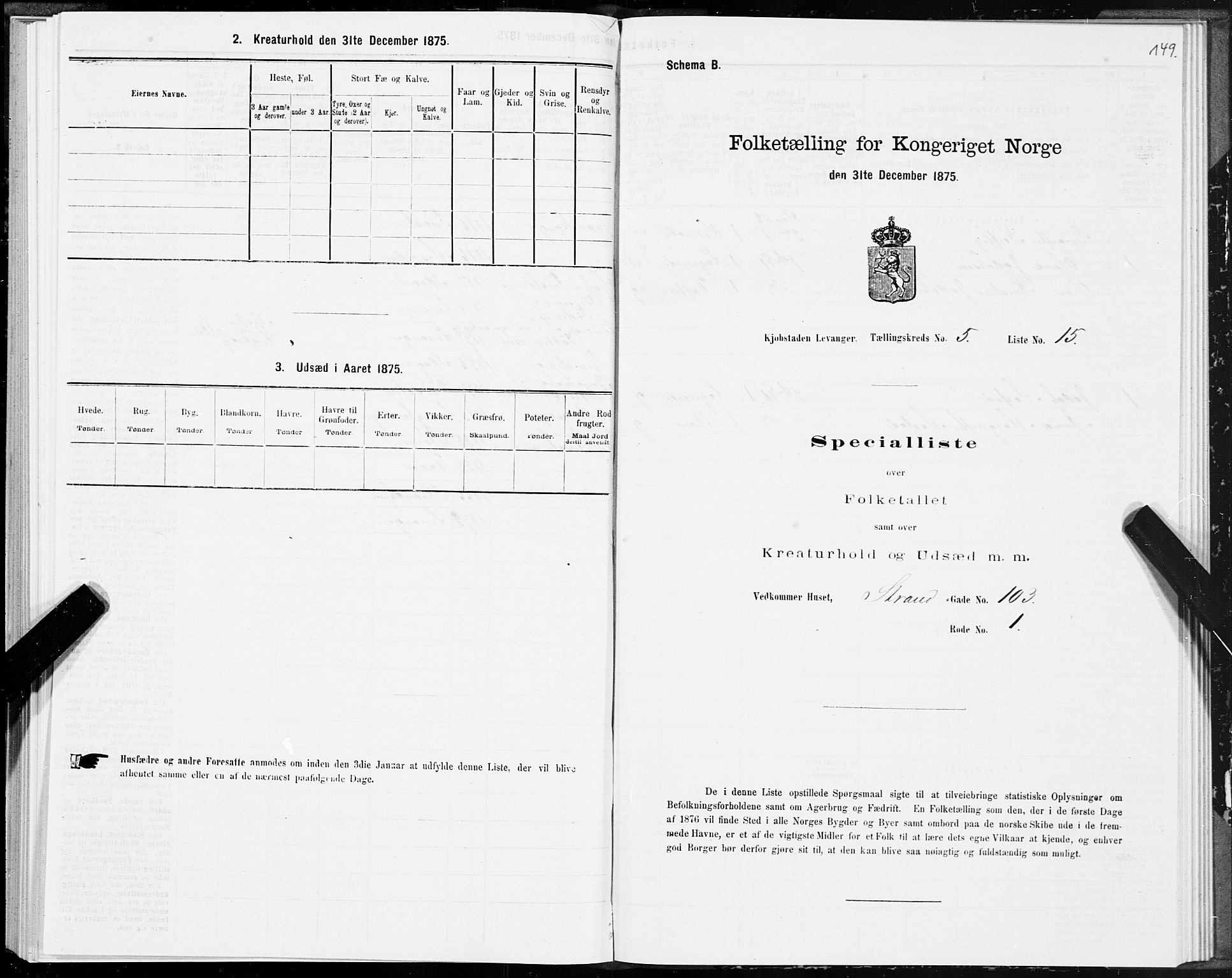 SAT, Folketelling 1875 for 1701B Levanger prestegjeld, Levanger kjøpstad, 1875, s. 149