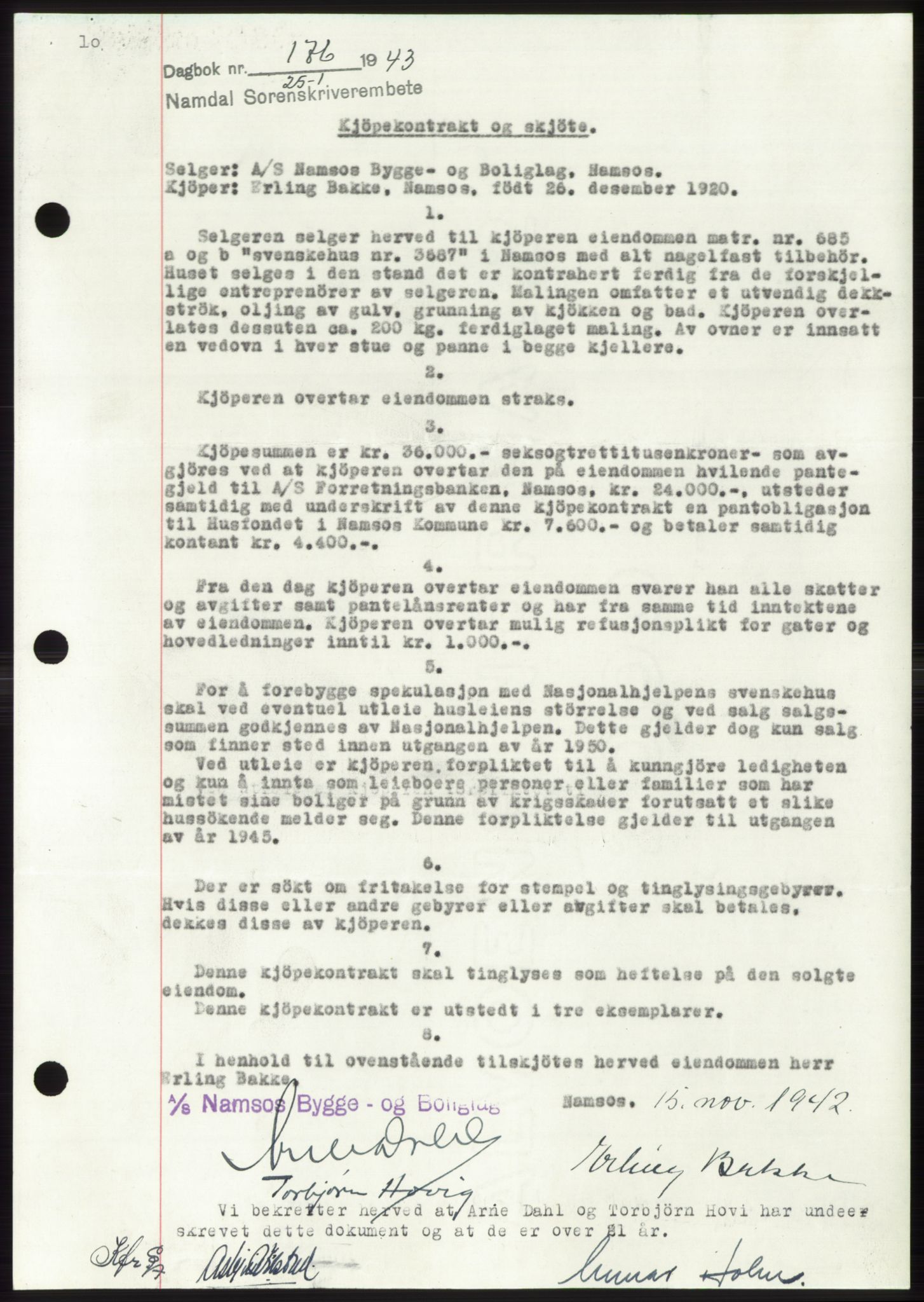 Namdal sorenskriveri, SAT/A-4133/1/2/2C: Pantebok nr. -, 1942-1943, Dagboknr: 176/1943