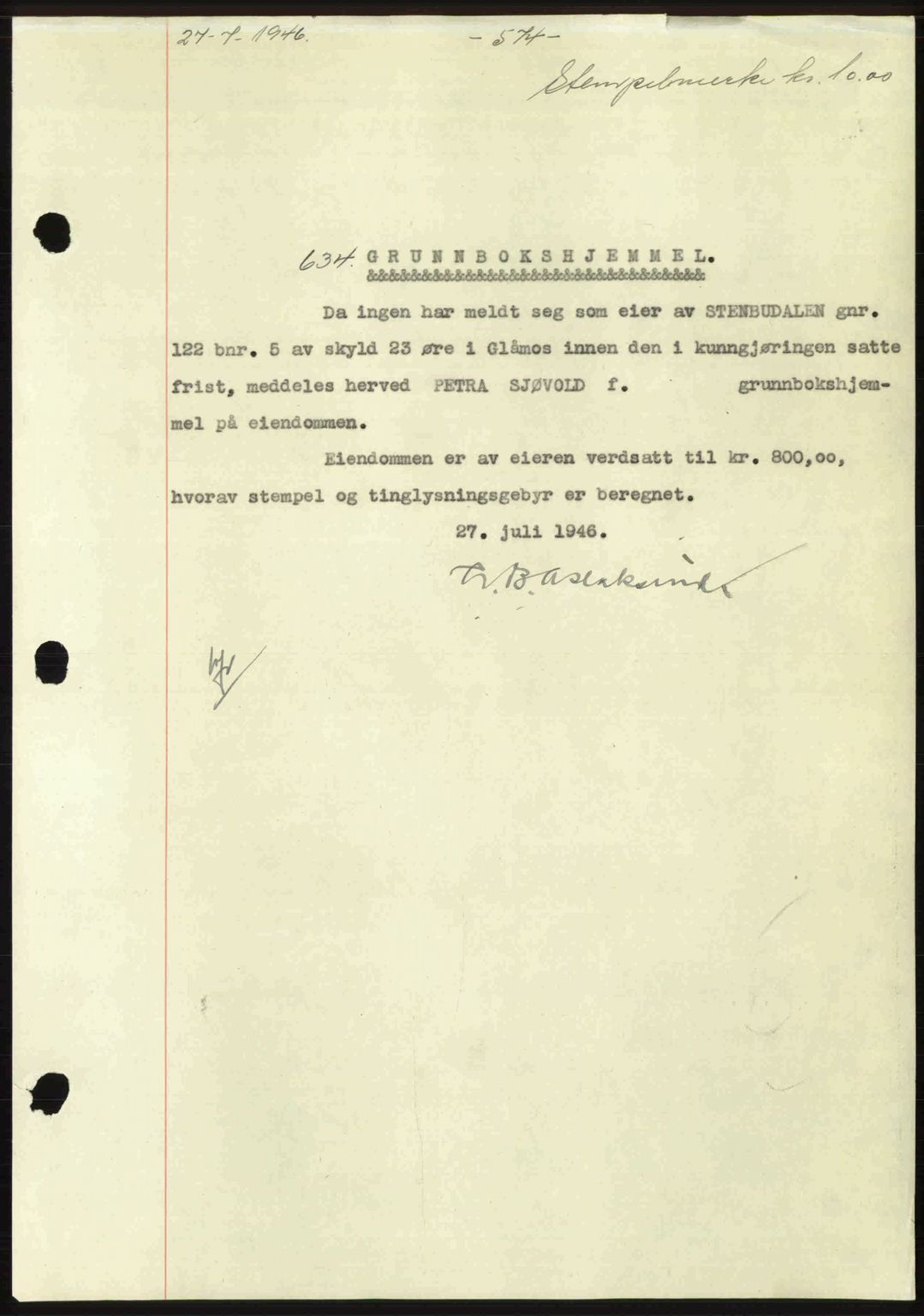 Gauldal sorenskriveri, SAT/A-0014/1/2/2C: Pantebok nr. A2, 1946-1946, Dagboknr: 634/1946