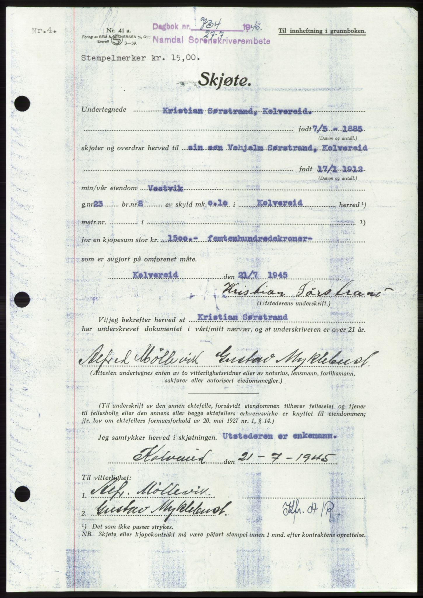 Namdal sorenskriveri, SAT/A-4133/1/2/2C: Pantebok nr. -, 1944-1945, Dagboknr: 734/1945