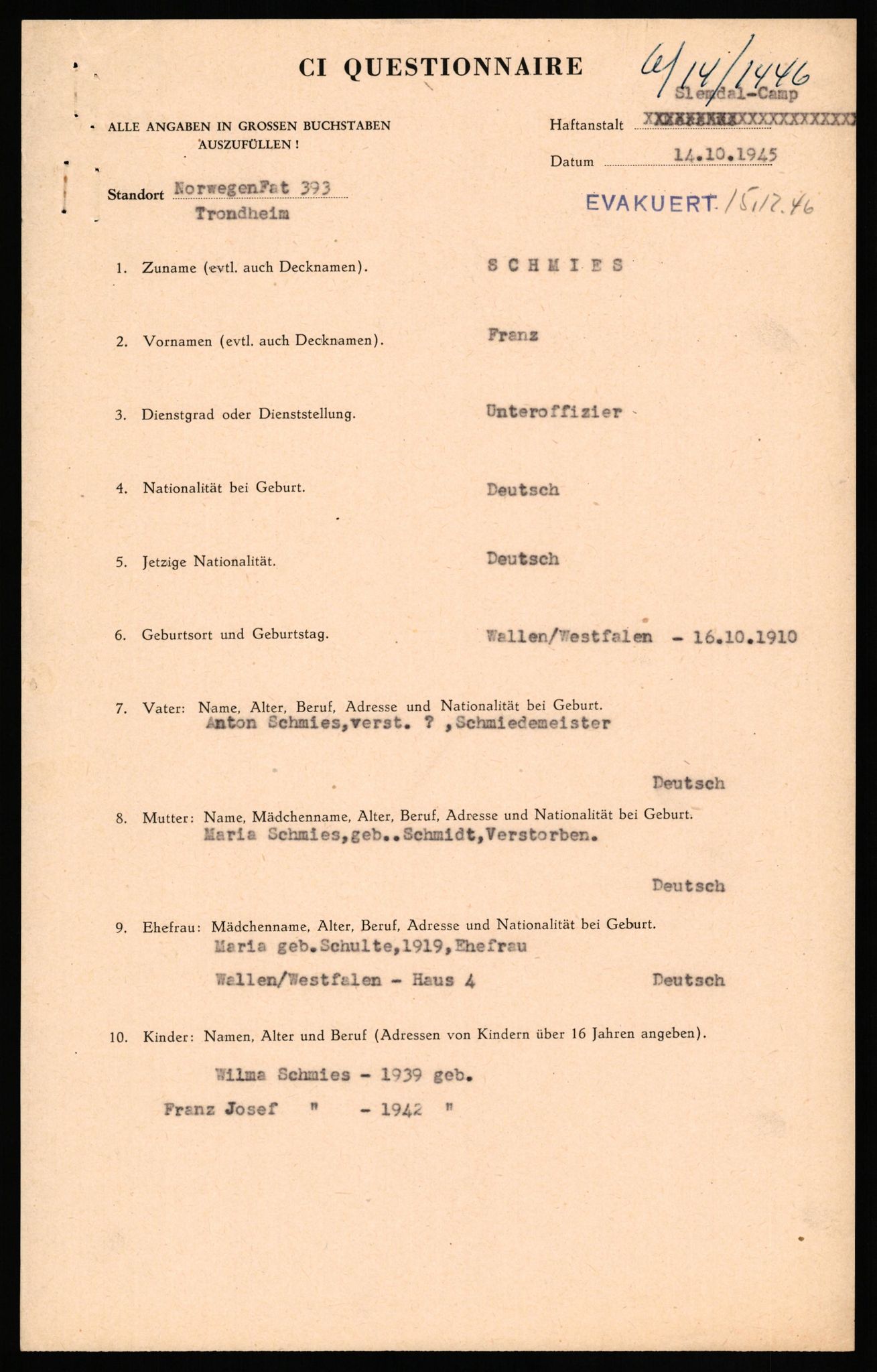 Forsvaret, Forsvarets overkommando II, RA/RAFA-3915/D/Db/L0029: CI Questionaires. Tyske okkupasjonsstyrker i Norge. Tyskere., 1945-1946, s. 437