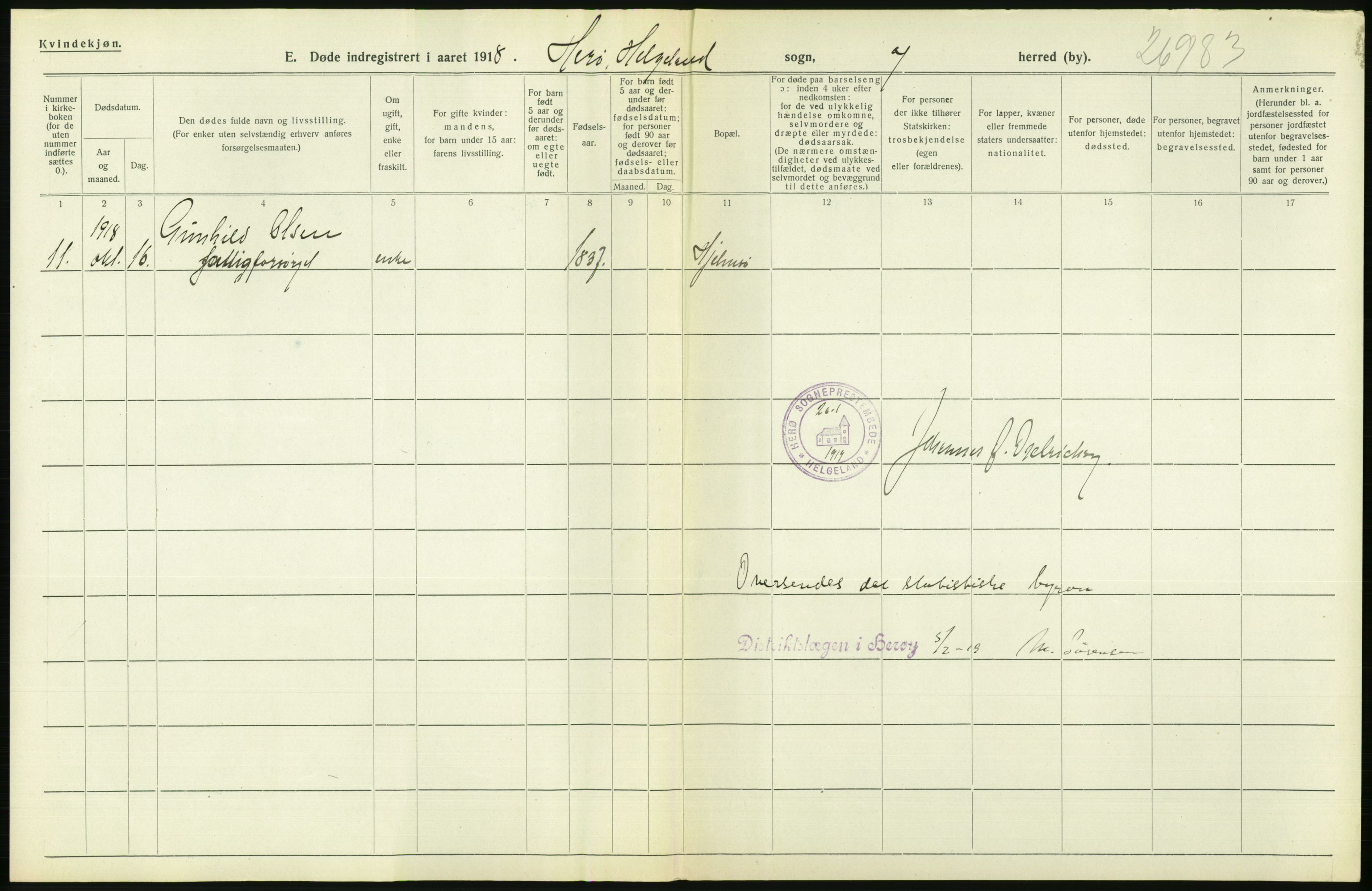 Statistisk sentralbyrå, Sosiodemografiske emner, Befolkning, RA/S-2228/D/Df/Dfb/Dfbh/L0055: Nordland fylke: Døde. Bygder og byer., 1918, s. 230