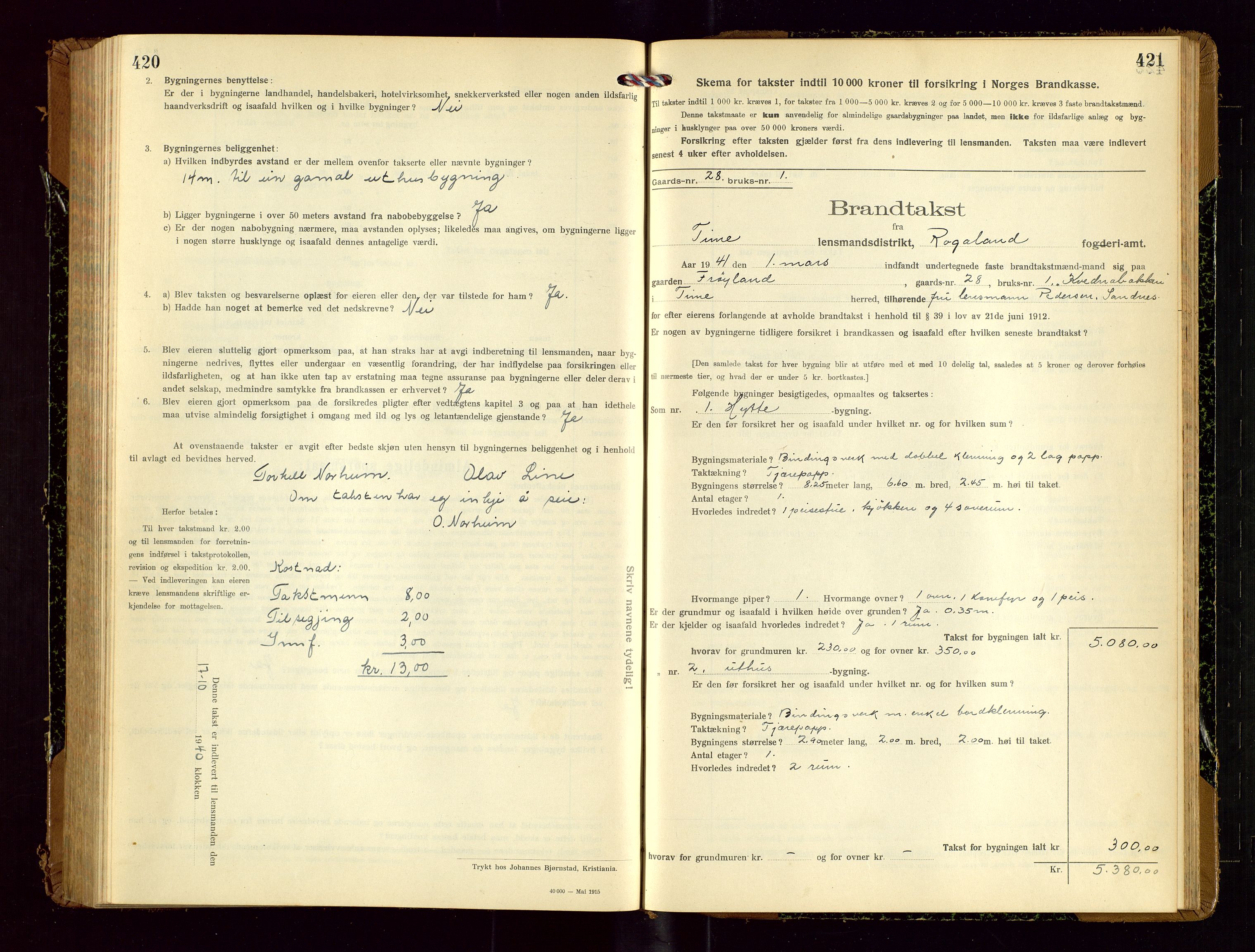 Time lensmannskontor, SAST/A-100420/Gob/L0002: Branntakstprotokoll, 1919-1952, s. 420-421