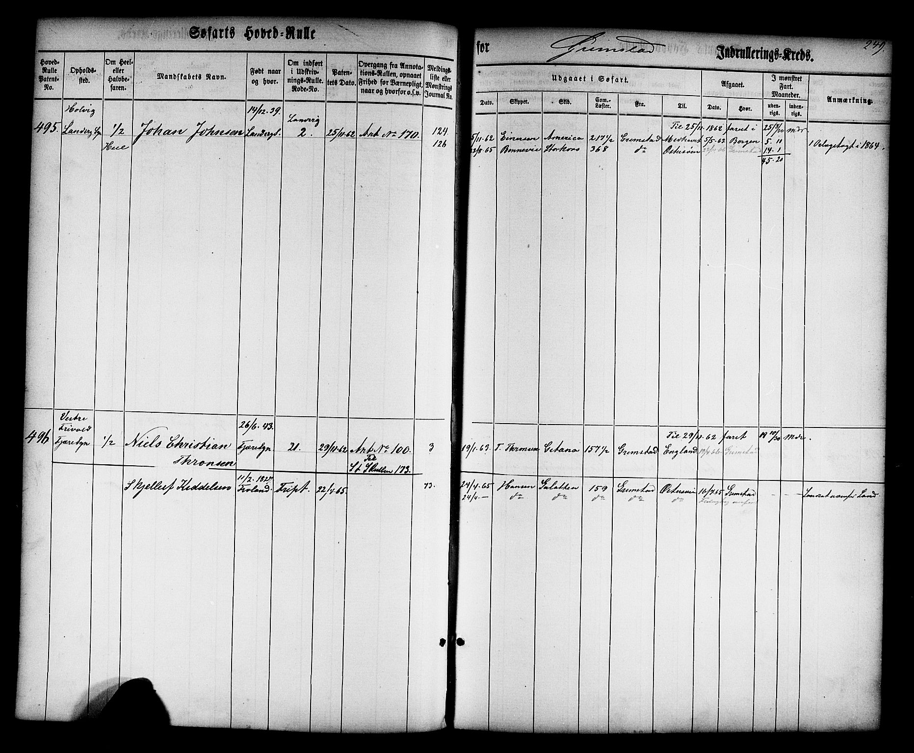 Grimstad mønstringskrets, SAK/2031-0013/F/Fb/L0008: Hovedrulle nr 1-766, V-21, 1860-1869, s. 261