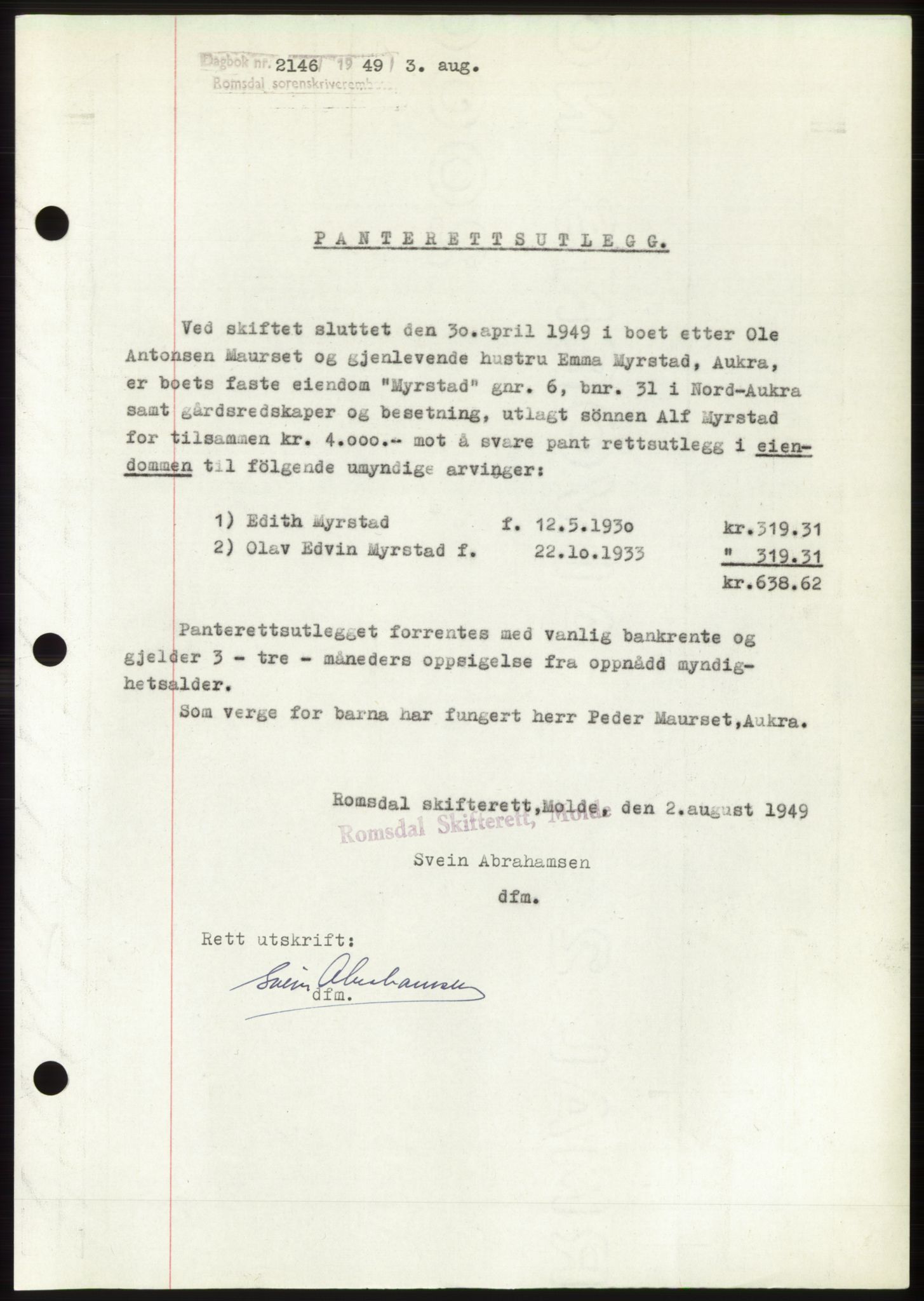 Romsdal sorenskriveri, SAT/A-4149/1/2/2C: Pantebok nr. B4, 1948-1949, Dagboknr: 2146/1949