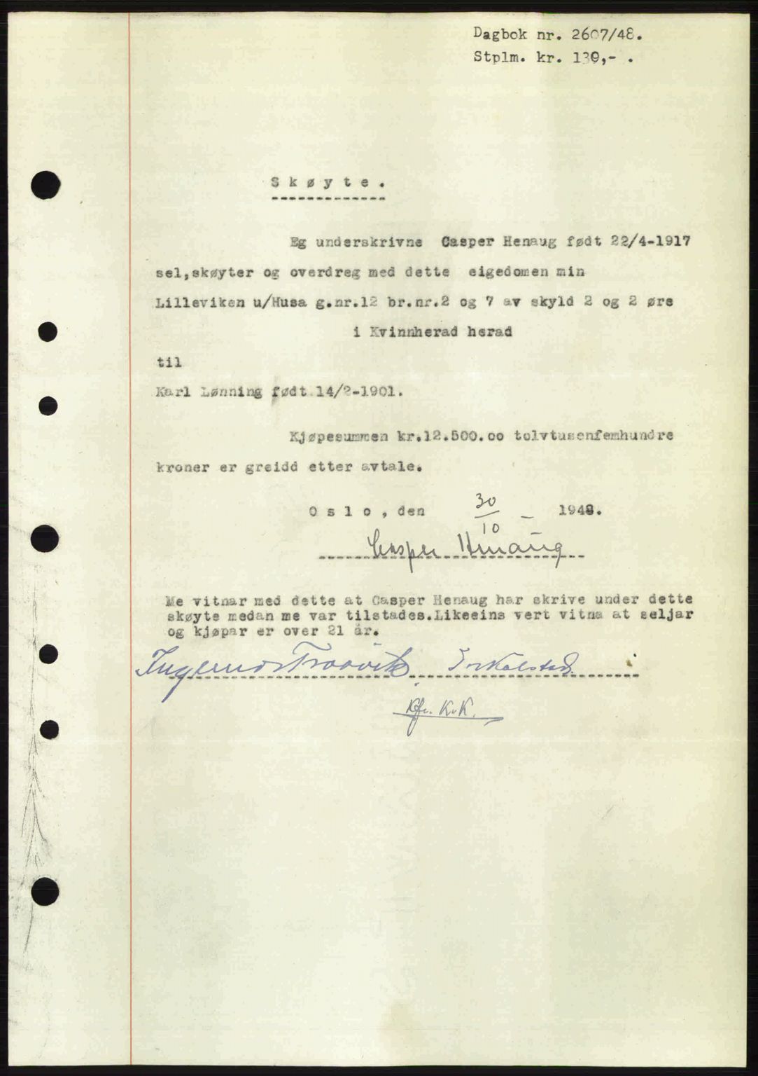 Sunnhordland sorenskrivar, AV/SAB-A-2401: Pantebok nr. A88, 1948-1949, Dagboknr: 2607/1948