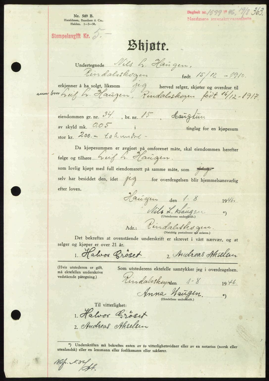 Nordmøre sorenskriveri, AV/SAT-A-4132/1/2/2Ca: Pantebok nr. A102, 1946-1946, Dagboknr: 1599/1946