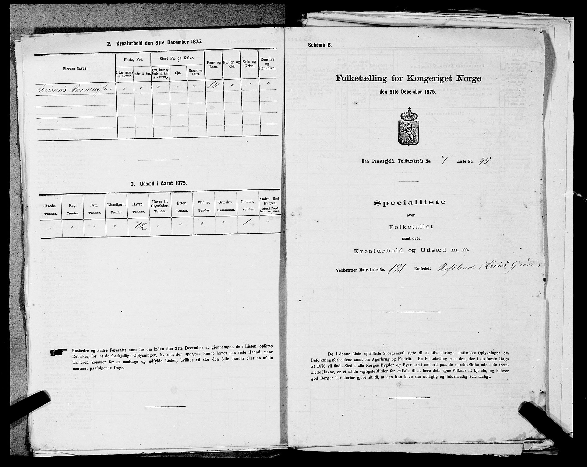 SAST, Folketelling 1875 for 1119P Hå prestegjeld, 1875, s. 815