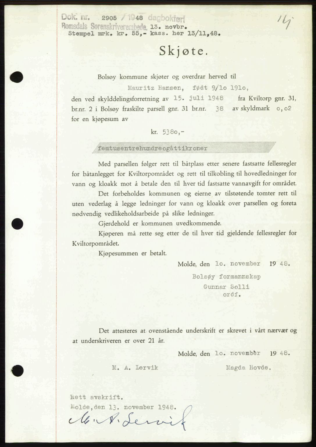 Romsdal sorenskriveri, SAT/A-4149/1/2/2C: Pantebok nr. A27, 1948-1948, Dagboknr: 2905/1948