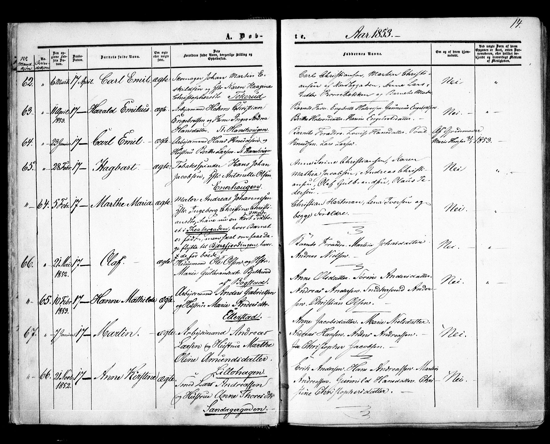 Aker prestekontor kirkebøker, AV/SAO-A-10861/F/L0020: Ministerialbok nr. 20, 1853-1857, s. 14