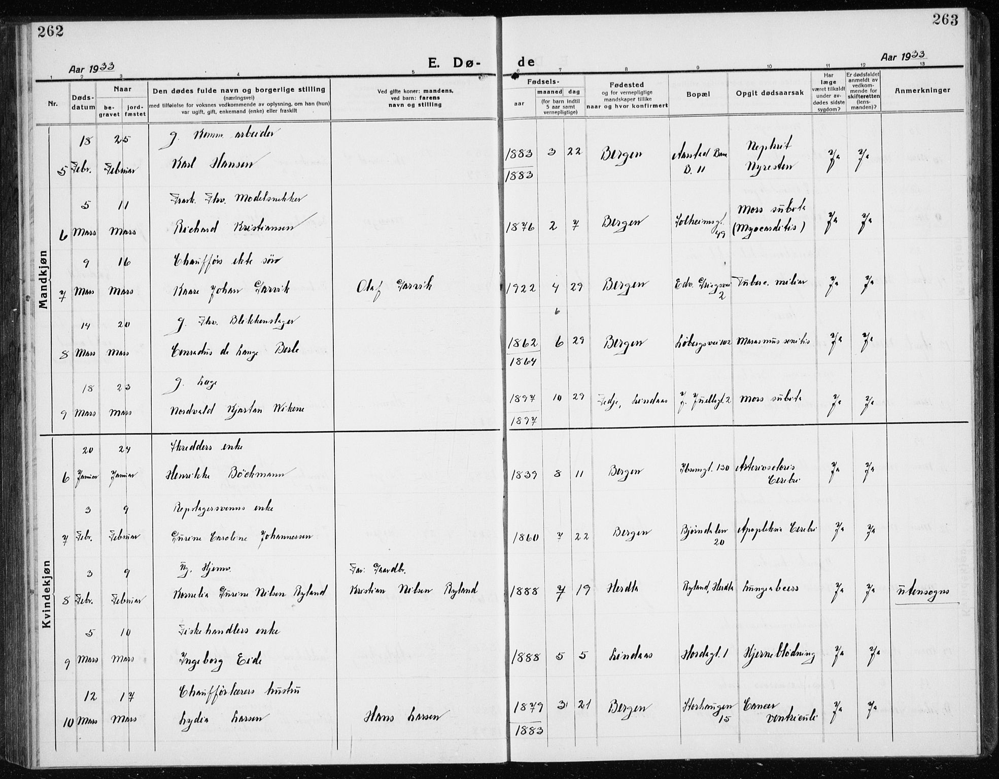 Årstad Sokneprestembete, SAB/A-79301/H/Hab/L0025: Klokkerbok nr. D 2, 1922-1940, s. 262-263