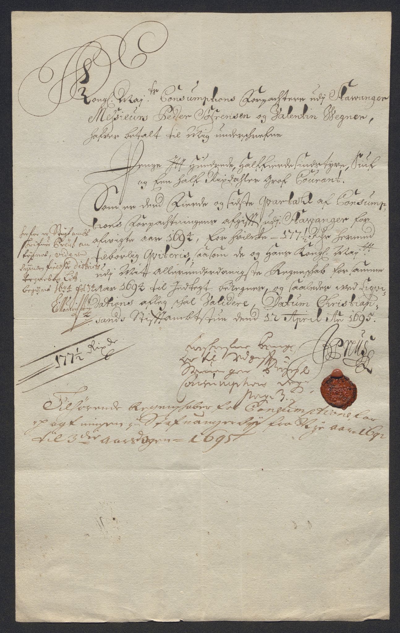 Rentekammeret inntil 1814, Reviderte regnskaper, Byregnskaper, AV/RA-EA-4066/R/Ro/L0333: [O25] Konsumpsjonsregnskap, 1690-1704, s. 117