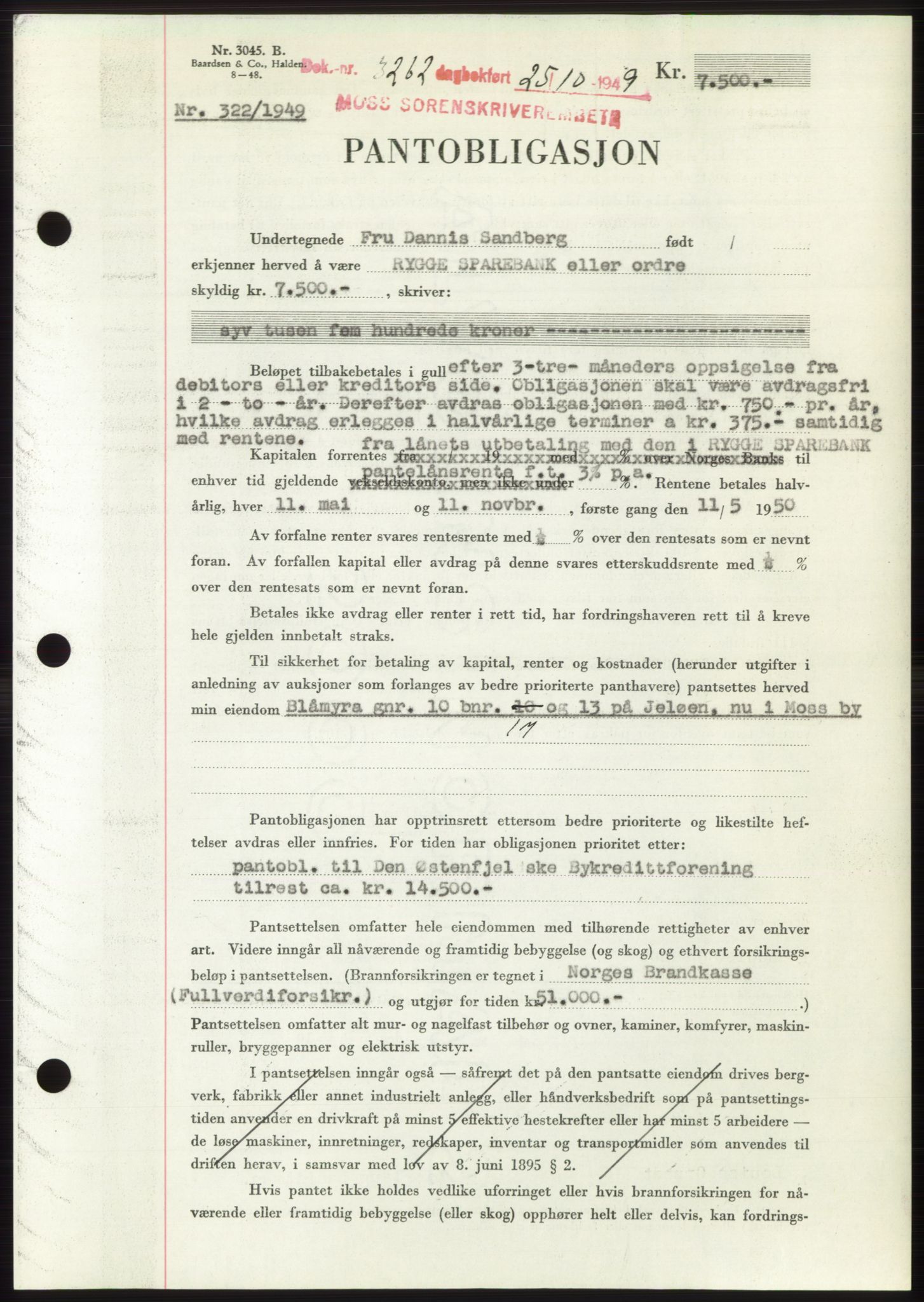 Moss sorenskriveri, SAO/A-10168: Pantebok nr. B23, 1949-1950, Dagboknr: 3262/1949