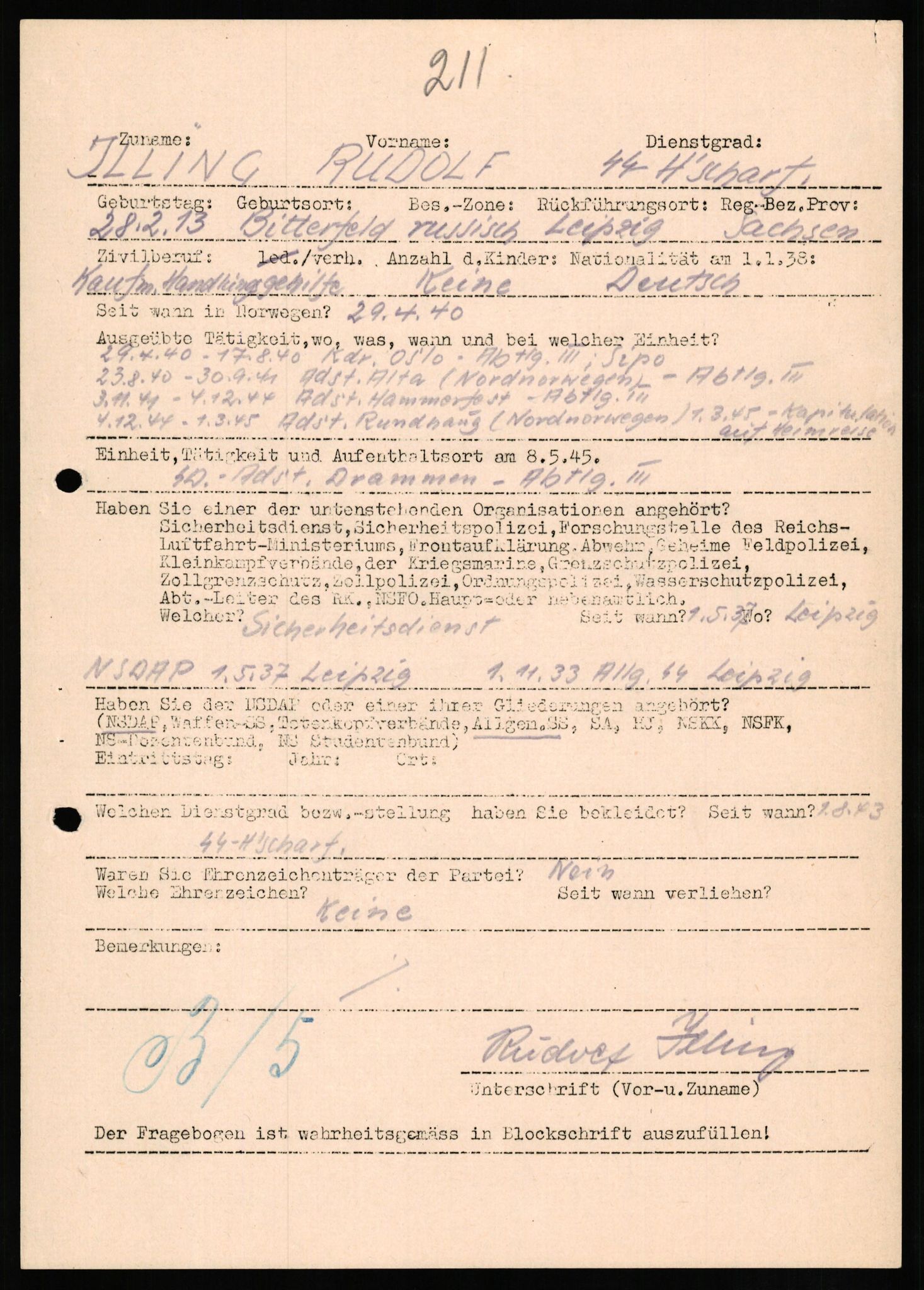 Forsvaret, Forsvarets overkommando II, RA/RAFA-3915/D/Db/L0014: CI Questionaires. Tyske okkupasjonsstyrker i Norge. Tyskere., 1945-1946, s. 355