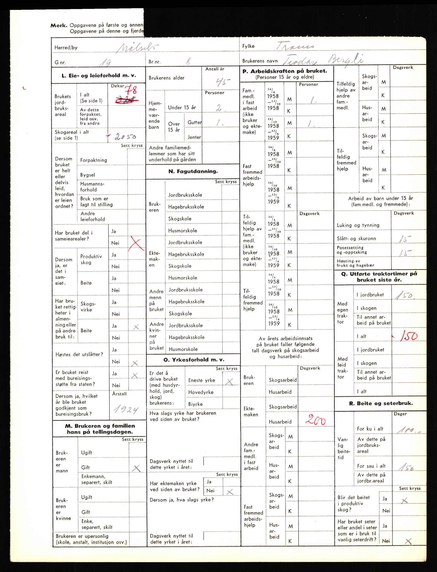 Statistisk sentralbyrå, Næringsøkonomiske emner, Jordbruk, skogbruk, jakt, fiske og fangst, AV/RA-S-2234/G/Gd/L0655: Troms: 1924 Målselv (kl. 4-10), 1959, s. 2112