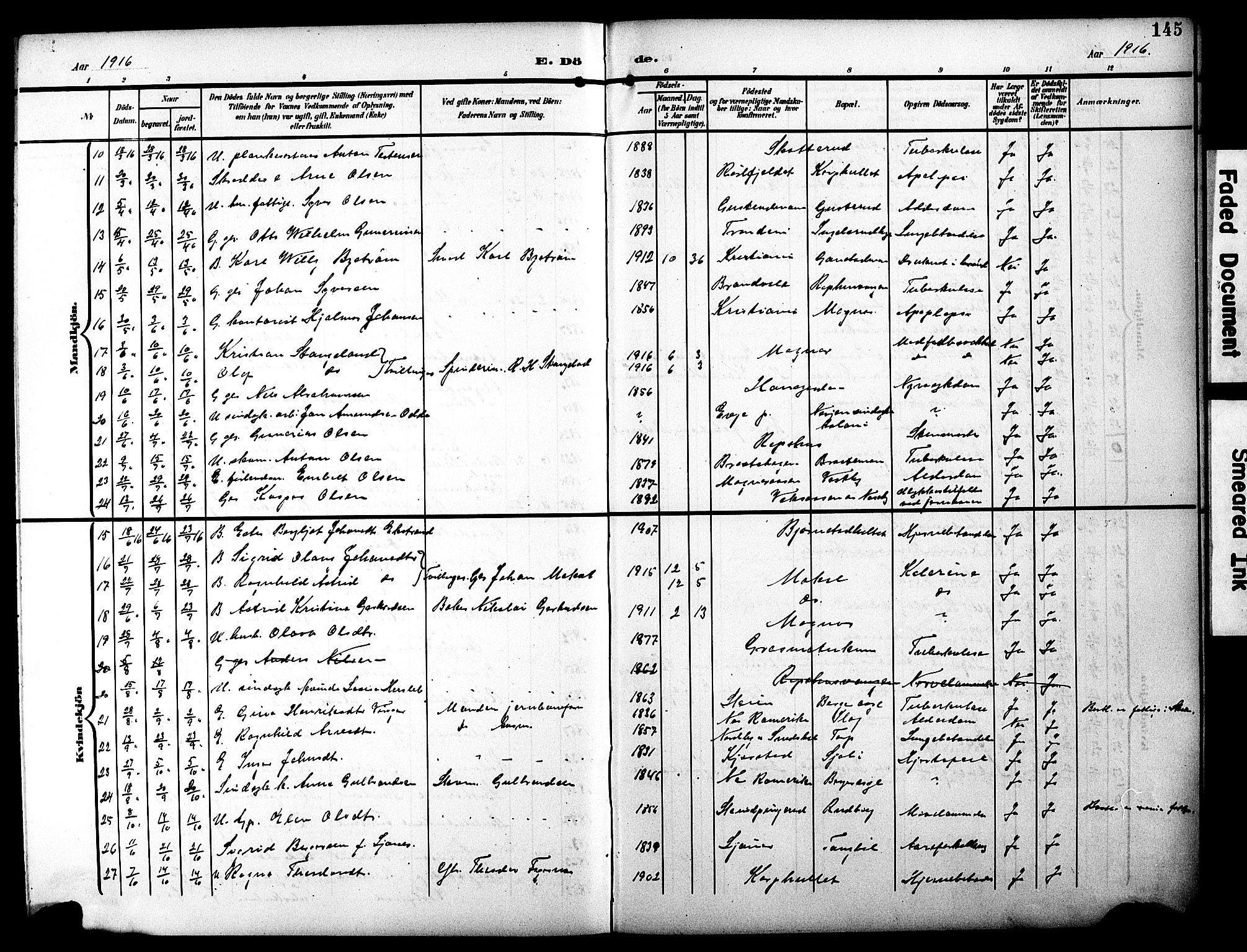 Eidskog prestekontor, SAH/PREST-026/H/Ha/Hab/L0003: Klokkerbok nr. 3, 1904-1919, s. 145