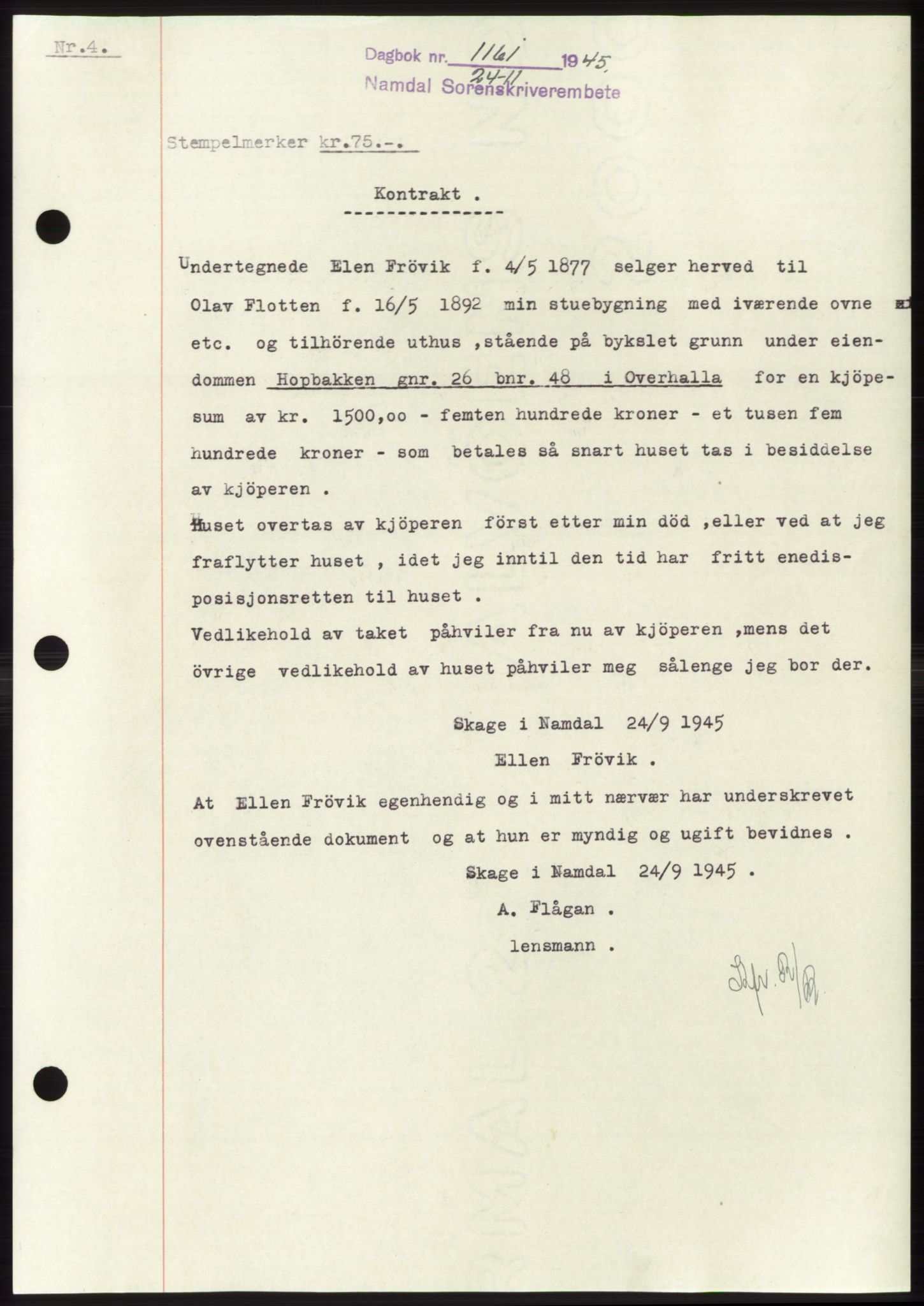 Namdal sorenskriveri, SAT/A-4133/1/2/2C: Pantebok nr. -, 1944-1945, Dagboknr: 1161/1945
