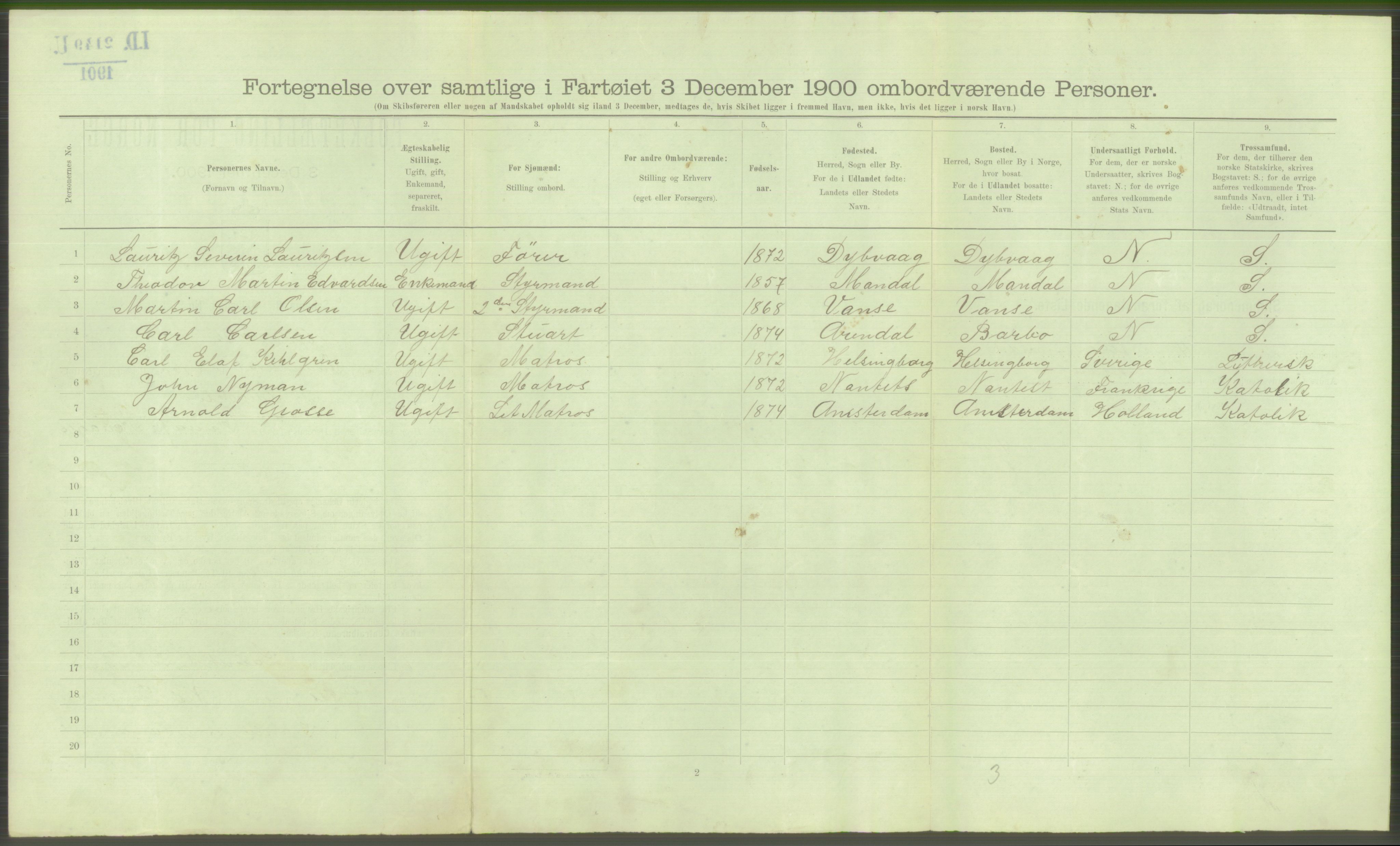 RA, Folketelling 1900 - skipslister med personlister for skip i norske havner, utenlandske havner og til havs, 1900, s. 3656