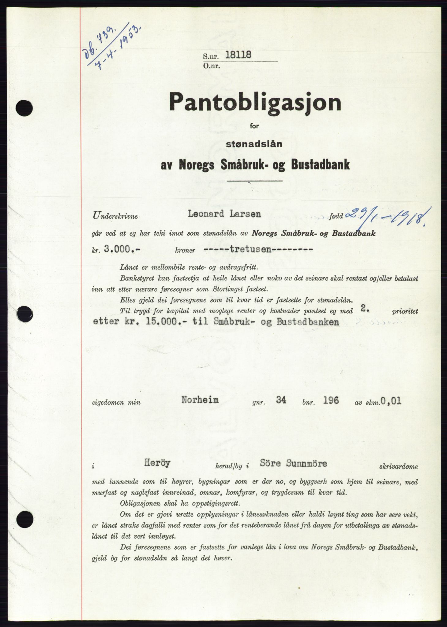 Søre Sunnmøre sorenskriveri, SAT/A-4122/1/2/2C/L0123: Pantebok nr. 11B, 1953-1953, Dagboknr: 739/1953