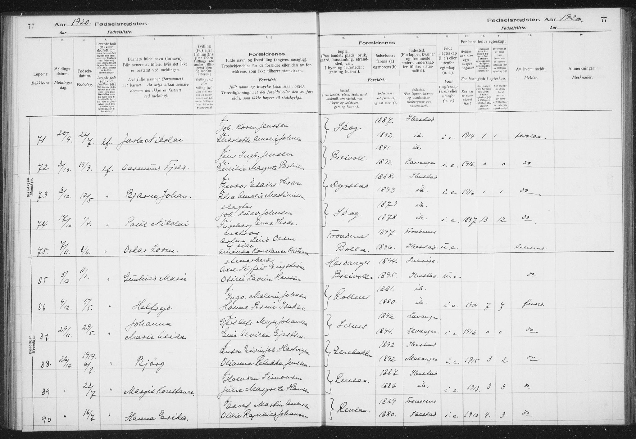Ibestad sokneprestembete, AV/SATØ-S-0077/I/Ic/L0061: Fødselsregister nr. 61, 1917-1929, s. 77