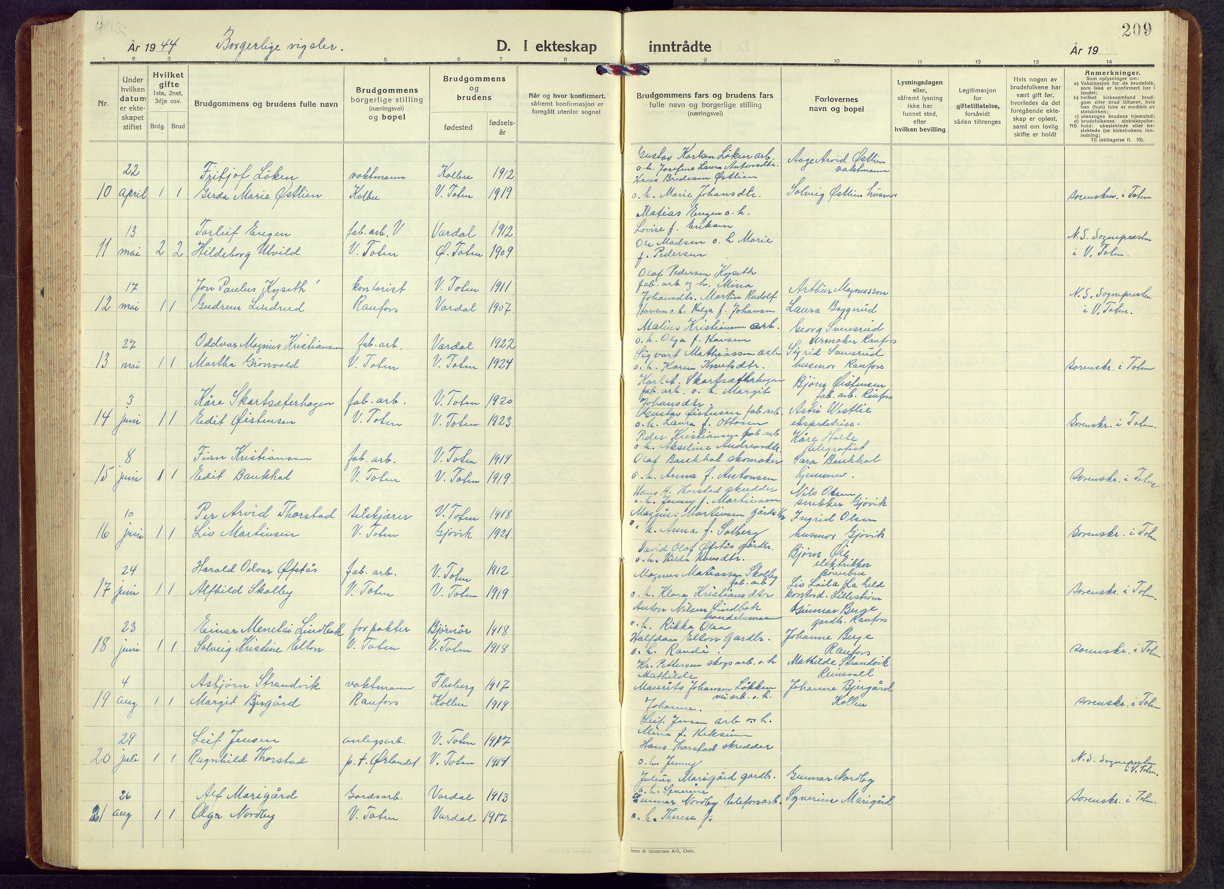 Vestre Toten prestekontor, AV/SAH-PREST-108/H/Ha/Hab/L0013: Klokkerbok nr. 13, 1940-1956, s. 209