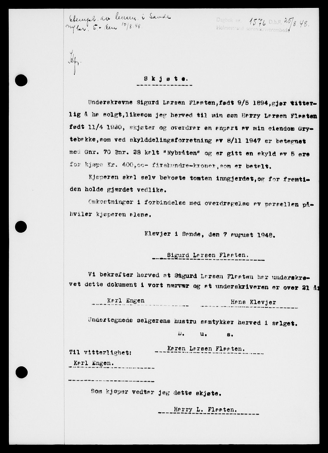 Holmestrand sorenskriveri, SAKO/A-67/G/Ga/Gaa/L0064: Pantebok nr. A-64, 1948-1948, Dagboknr: 1576/1948