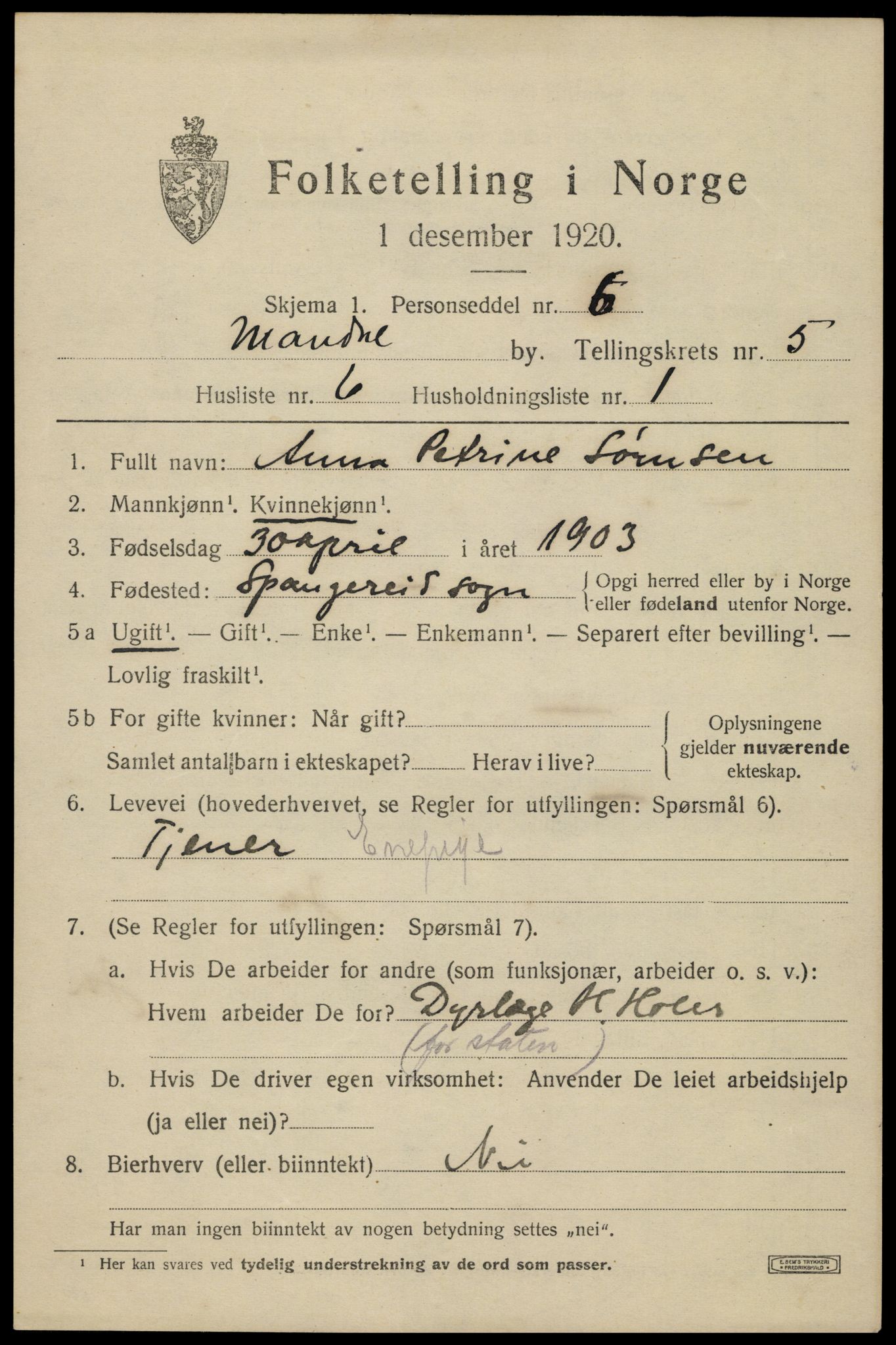 SAK, Folketelling 1920 for 1002 Mandal ladested, 1920, s. 8263