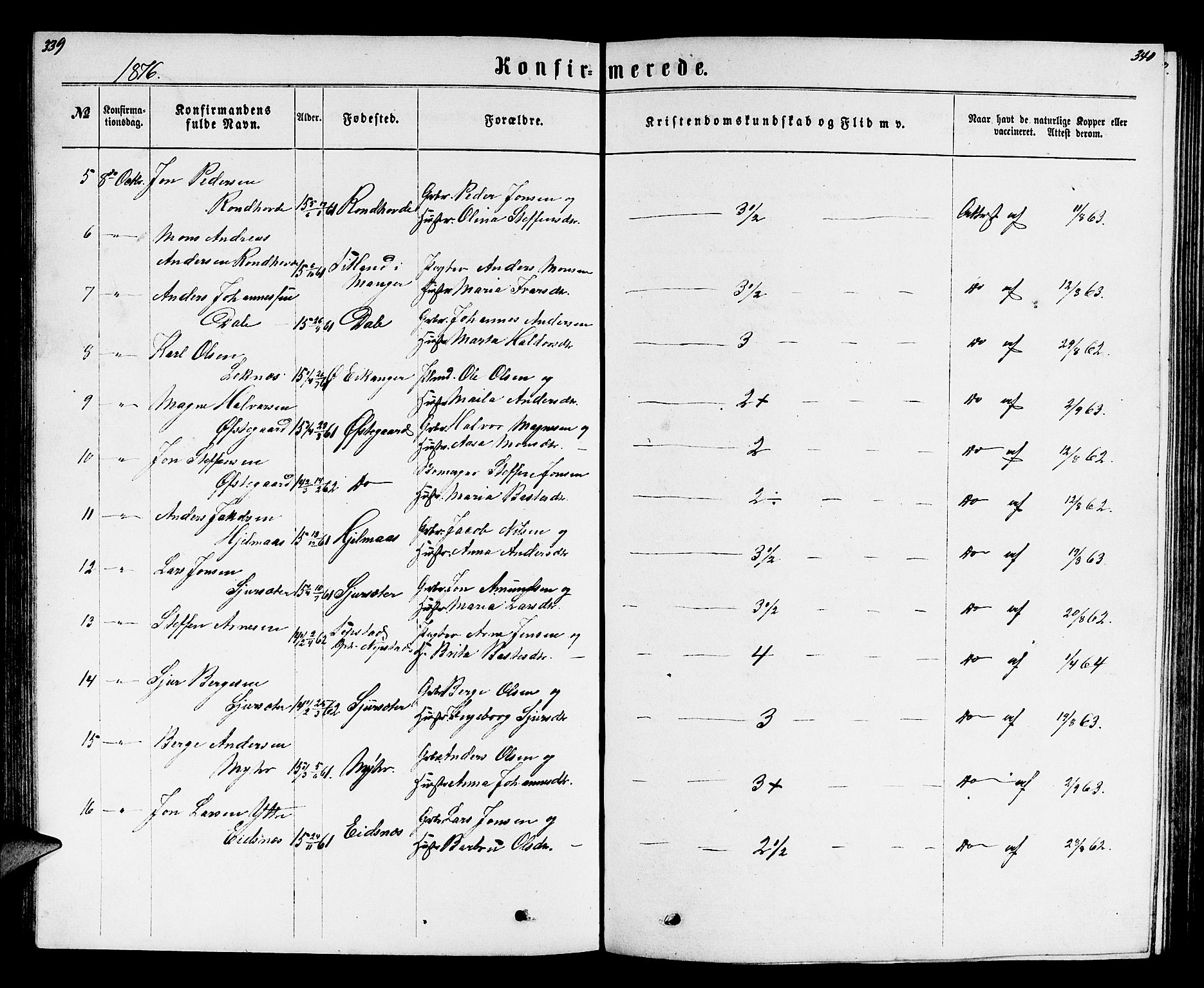 Hamre sokneprestembete, AV/SAB-A-75501/H/Ha/Hab: Klokkerbok nr. B 2, 1863-1880, s. 339-340