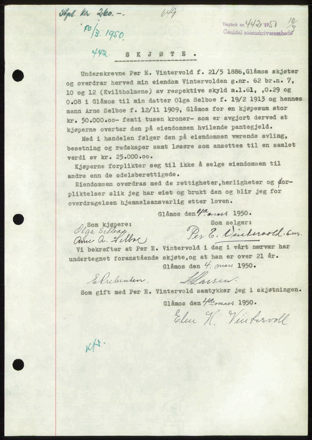 Gauldal sorenskriveri, SAT/A-0014/1/2/2C: Pantebok nr. A9, 1949-1950, Dagboknr: 442/1950