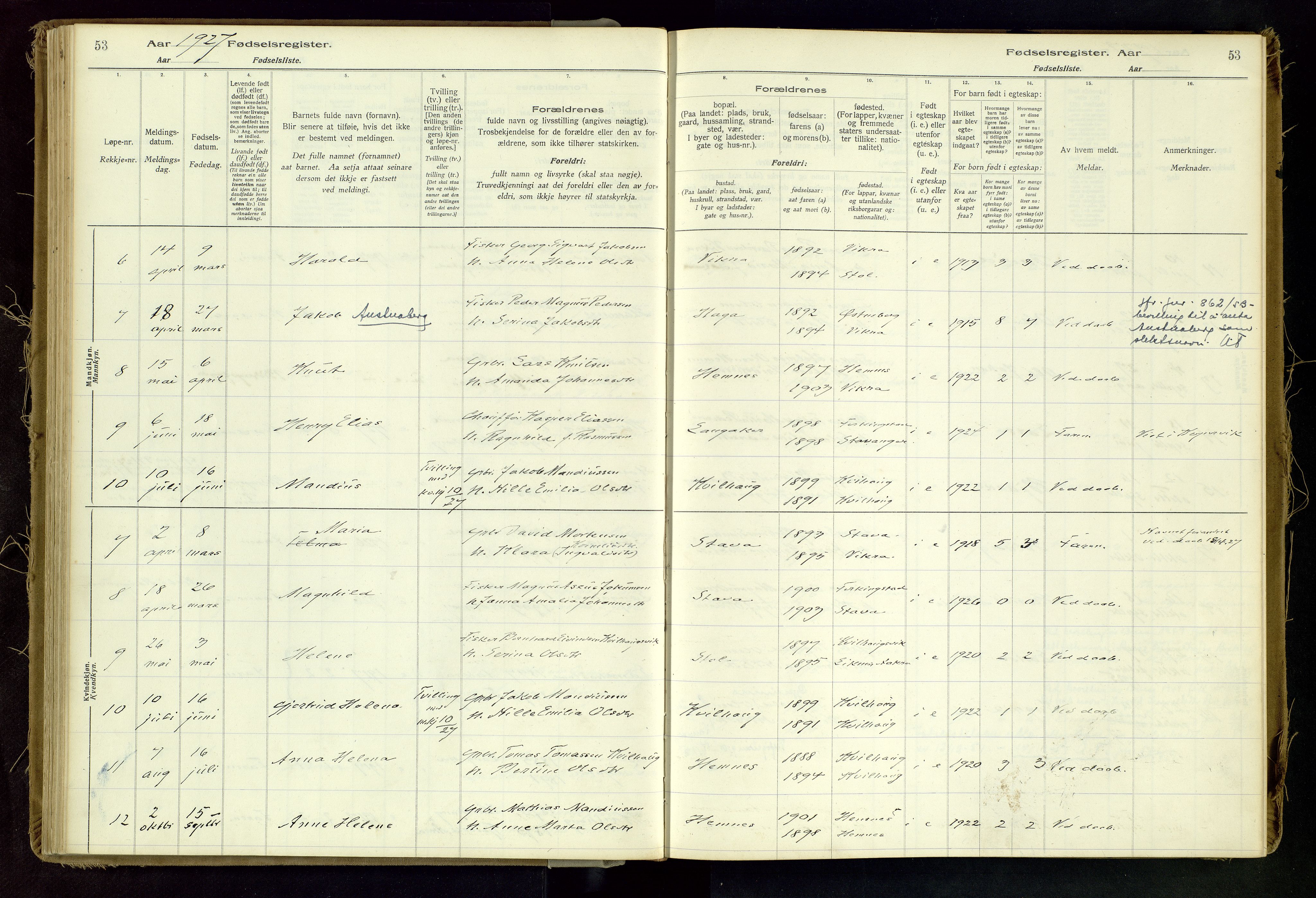 Skudenes sokneprestkontor, SAST/A -101849/I/Id/L0002: Fødselsregister nr. 2, 1916-1962, s. 53