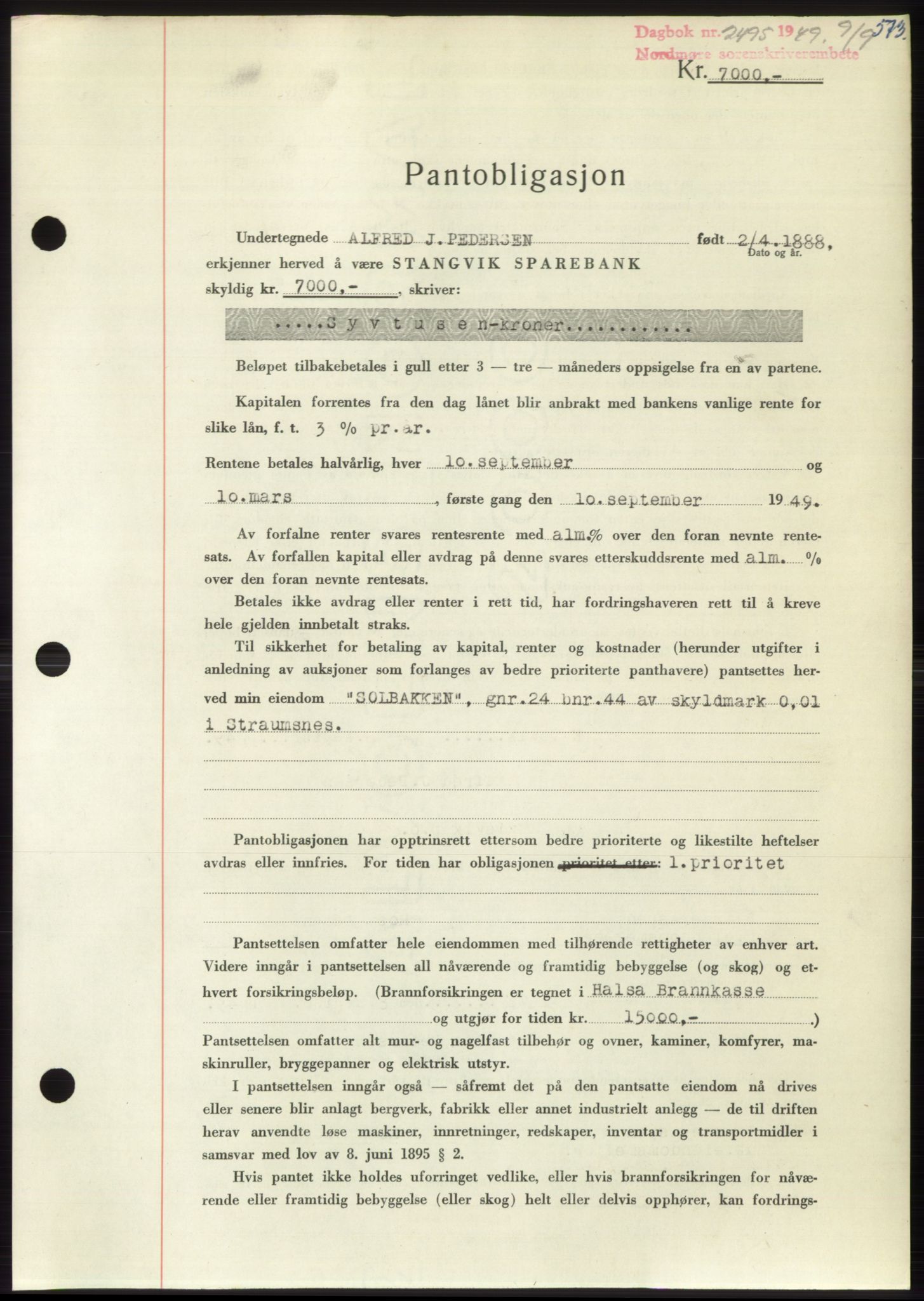 Nordmøre sorenskriveri, SAT/A-4132/1/2/2Ca: Pantebok nr. B102, 1949-1949, Dagboknr: 2495/1949
