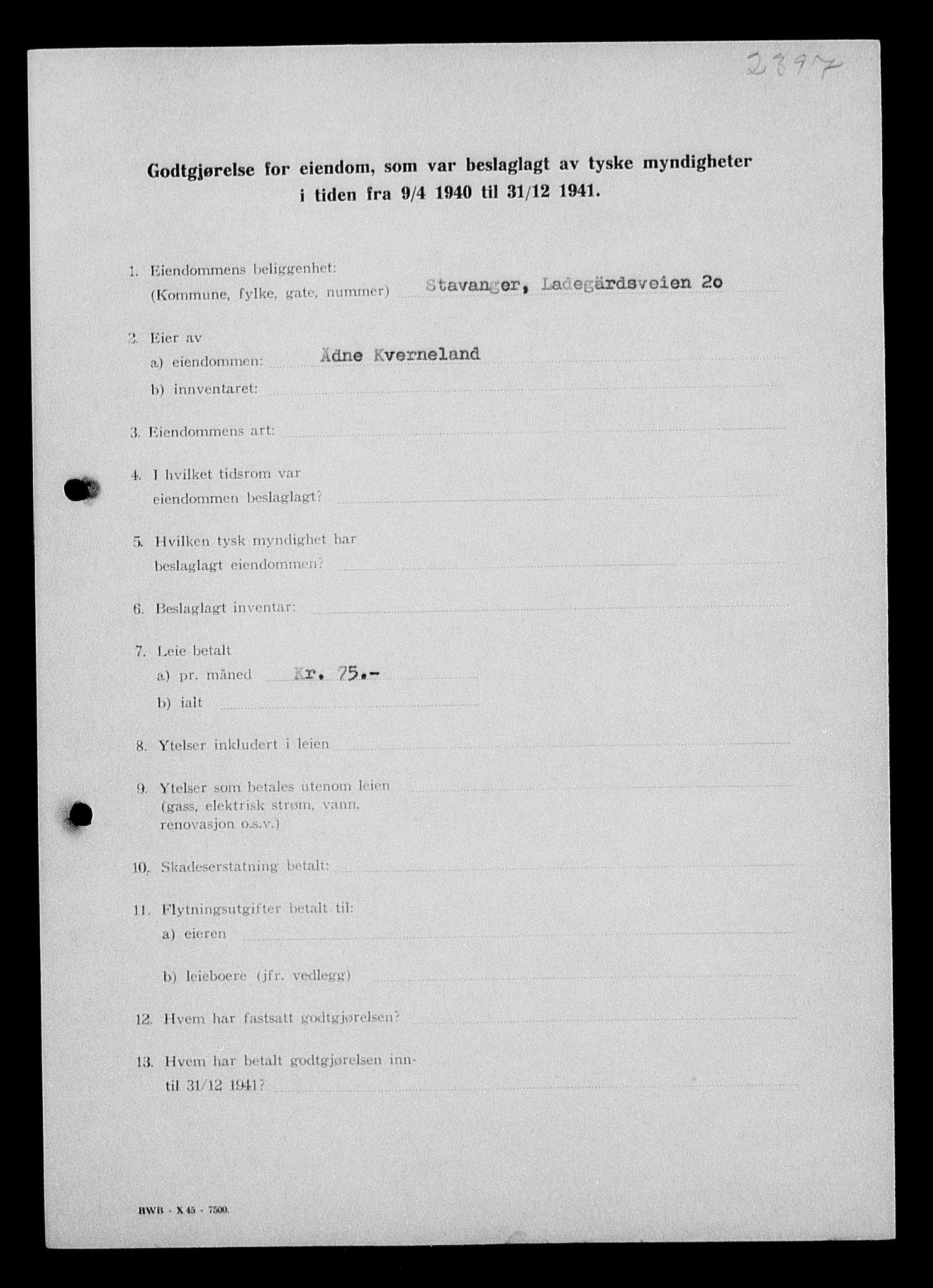 Justisdepartementet, Tilbakeføringskontoret for inndratte formuer, AV/RA-S-1564/I/L1014: Godtgjørelse for beslaglagt eiendom, 1940-1941, s. 73