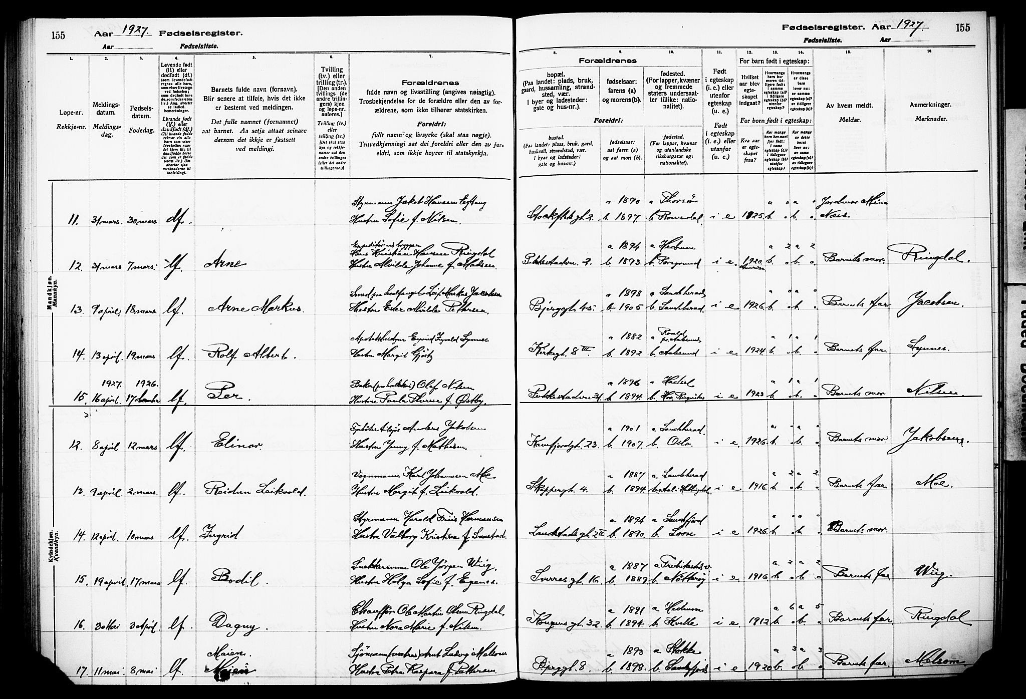 Sandefjord kirkebøker, AV/SAKO-A-315/J/Ja/L0001: Fødselsregister nr. 1, 1916-1932, s. 155