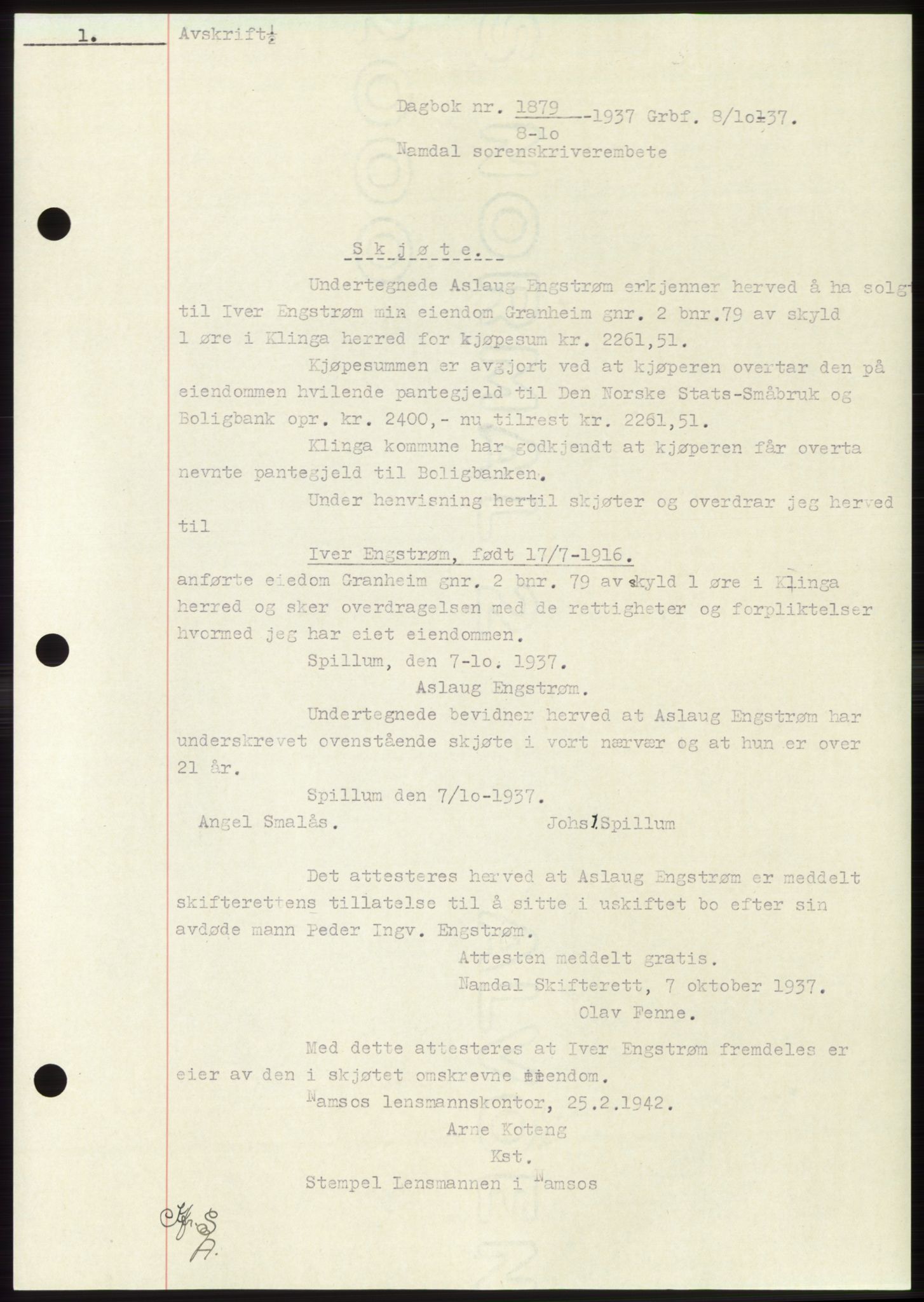 Namdal sorenskriveri, SAT/A-4133/1/2/2C: Pantebok nr. -, 1937-1939, Tingl.dato: 08.10.1937
