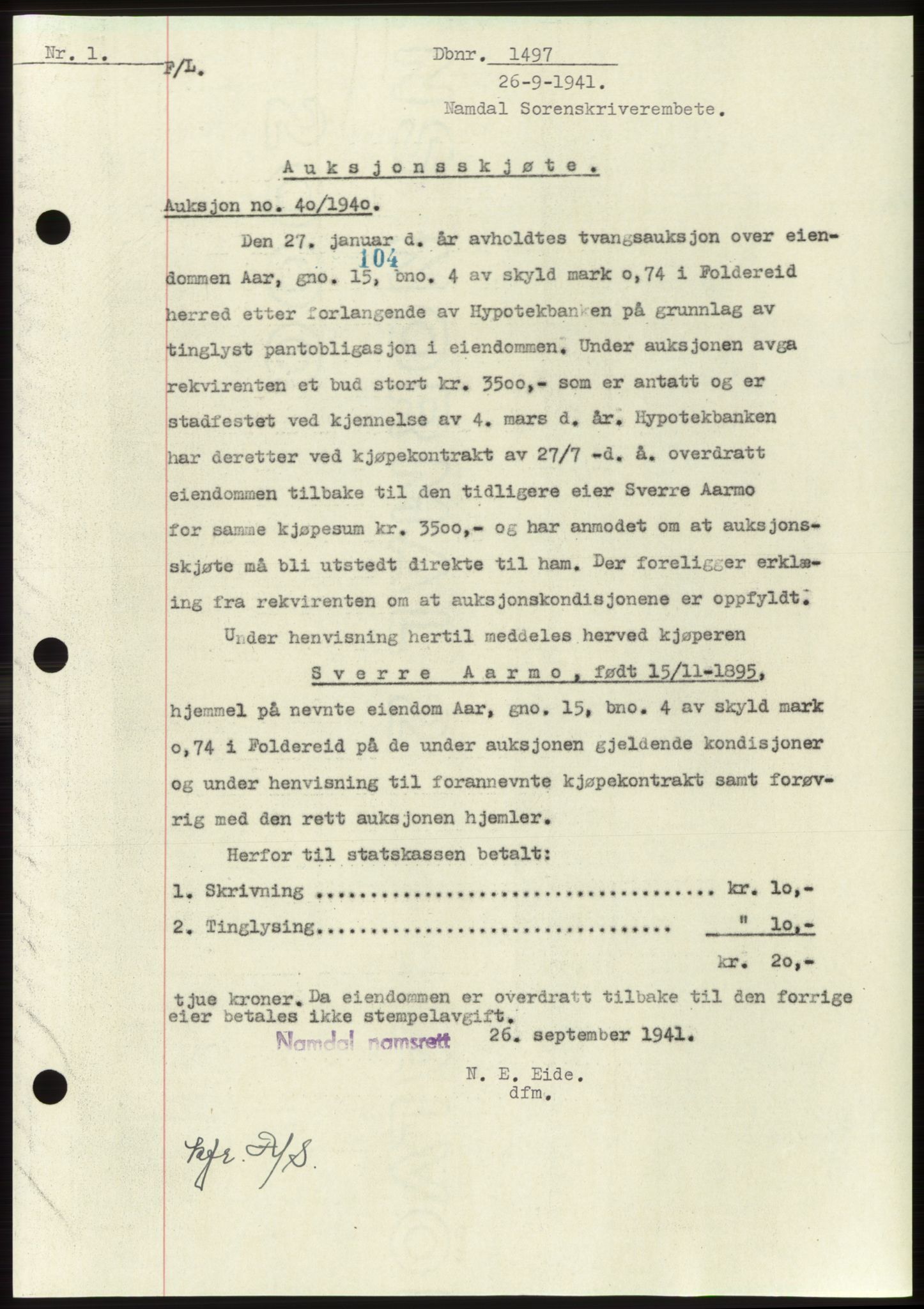 Namdal sorenskriveri, SAT/A-4133/1/2/2C: Pantebok nr. -, 1941-1942, Dagboknr: 1497/1941