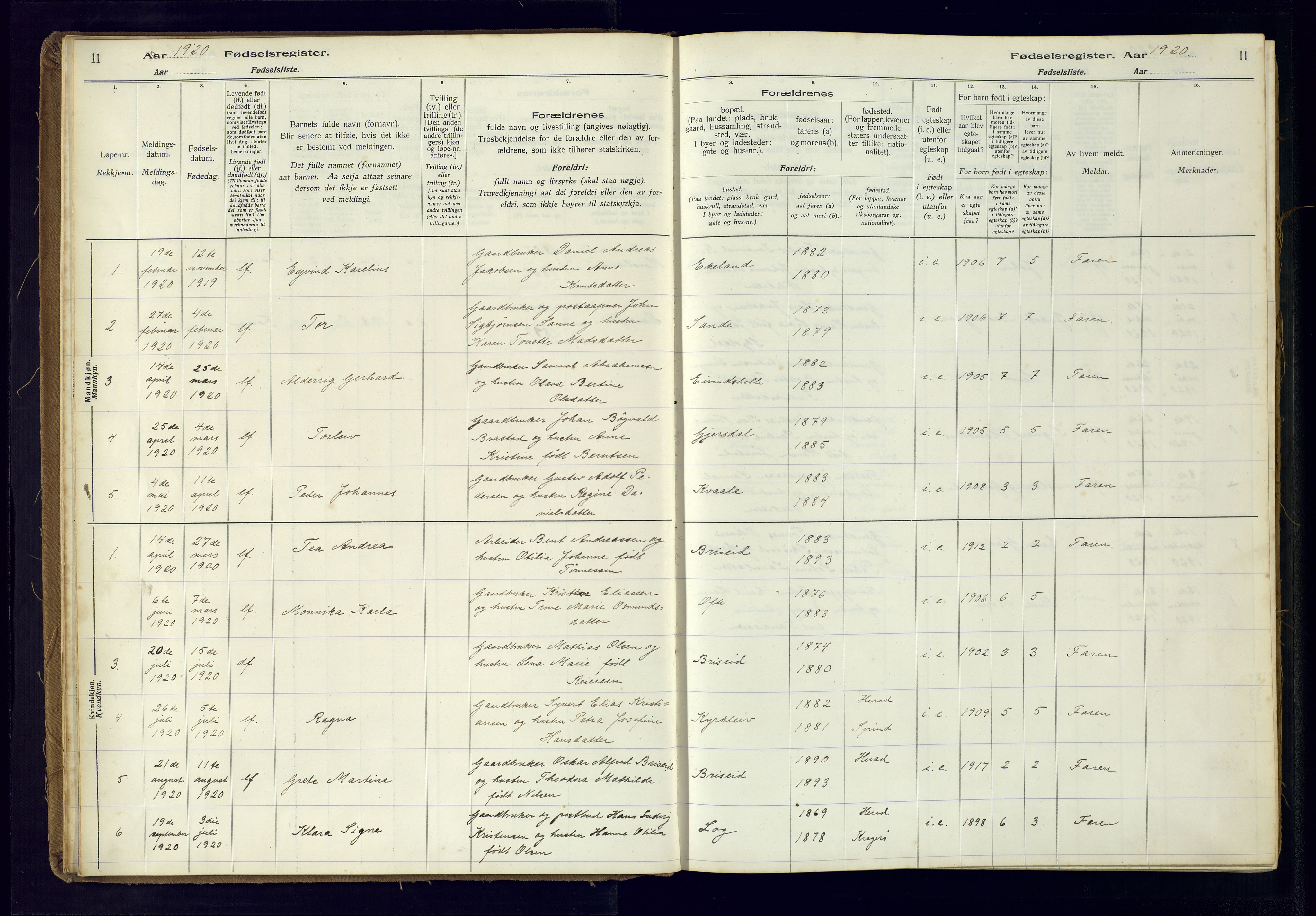 Herad sokneprestkontor, AV/SAK-1111-0018/J/Ja/L0001: Fødselsregister nr. A-VI-12, 1916-1981, s. 11