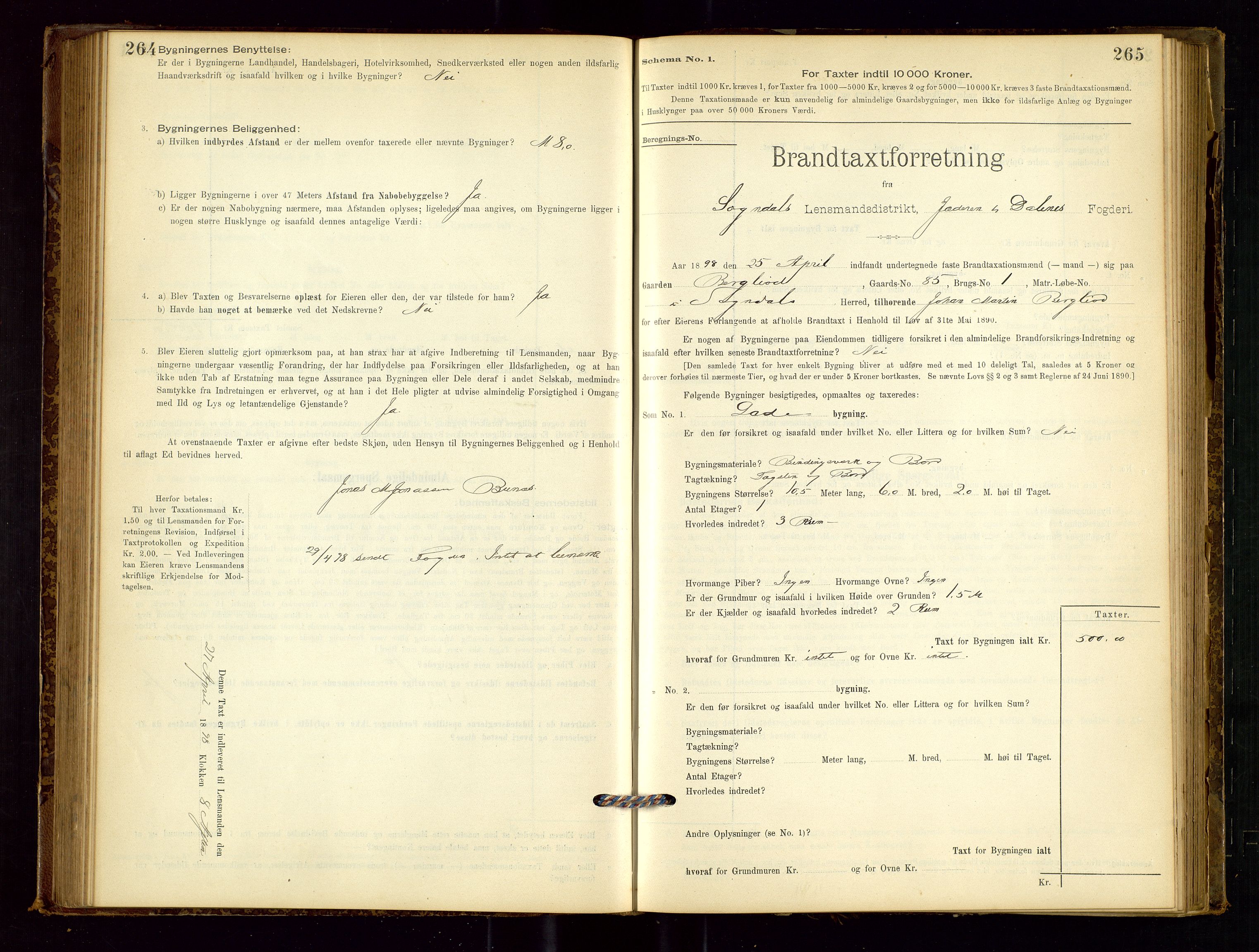 Sokndal lensmannskontor, AV/SAST-A-100417/Gob/L0001: "Brandtaxt-Protokol", 1895-1902, s. 264-265