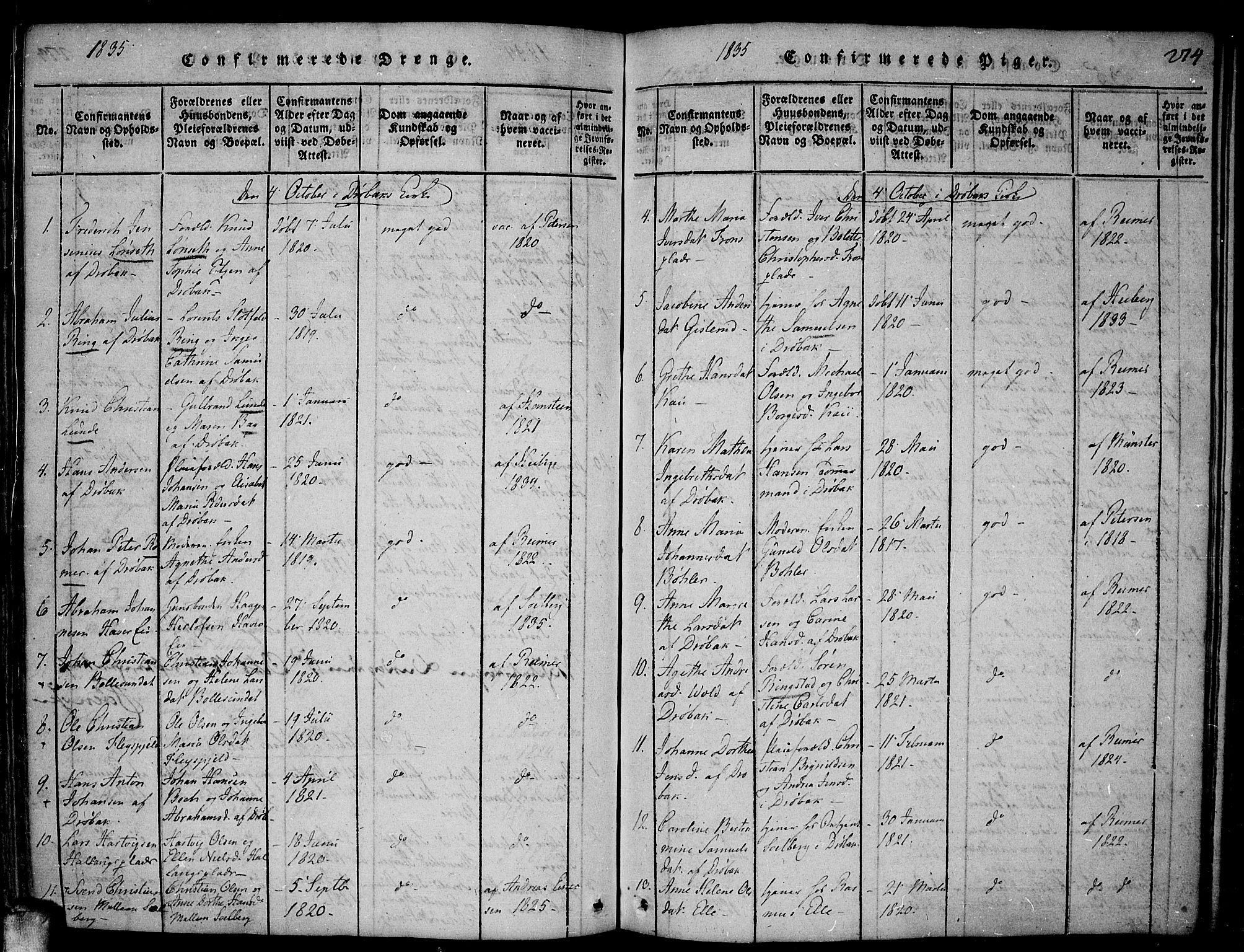 Drøbak prestekontor Kirkebøker, SAO/A-10142a/F/Fa/L0001: Ministerialbok nr. I 1, 1816-1842, s. 274