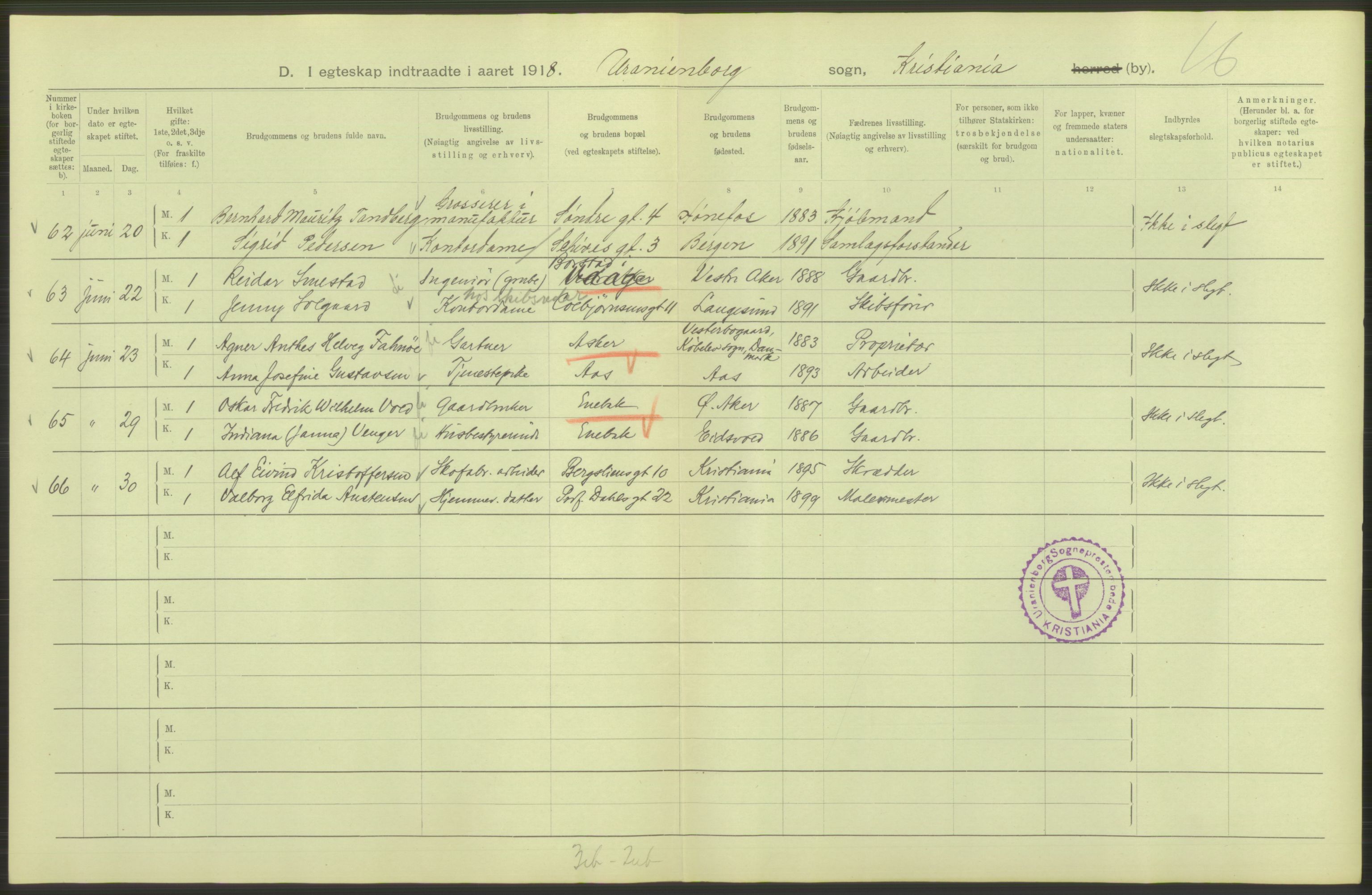 Statistisk sentralbyrå, Sosiodemografiske emner, Befolkning, AV/RA-S-2228/D/Df/Dfb/Dfbh/L0009: Kristiania: Gifte, 1918, s. 18