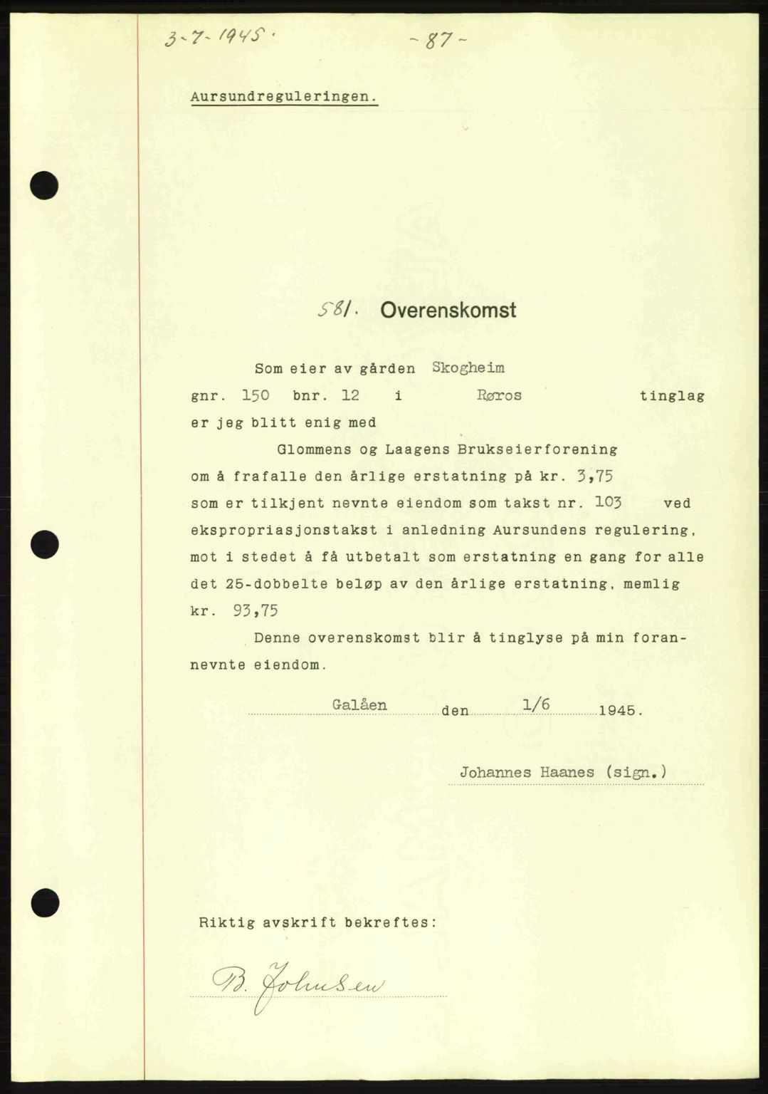 Gauldal sorenskriveri, SAT/A-0014/1/2/2C: Pantebok nr. A1a, 1945-1945, Dagboknr: 581/1945