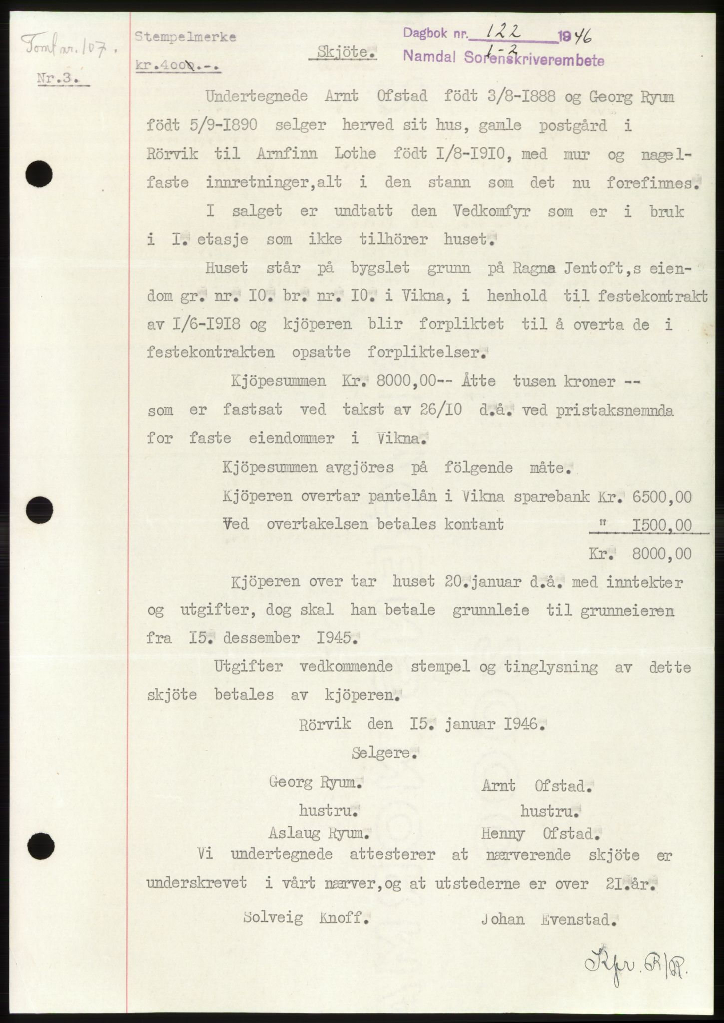 Namdal sorenskriveri, SAT/A-4133/1/2/2C: Pantebok nr. -, 1946-1946, Dagboknr: 122/1946