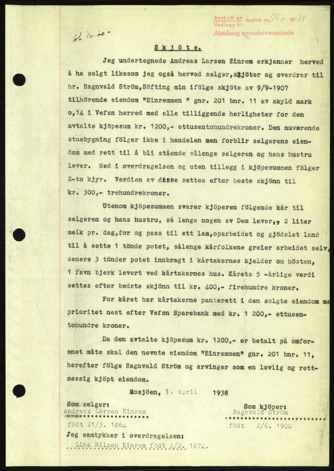 Alstahaug sorenskriveri, SAT/A-1009: Pantebok nr. A3, 1937-1938, Dagboknr: 547/1938