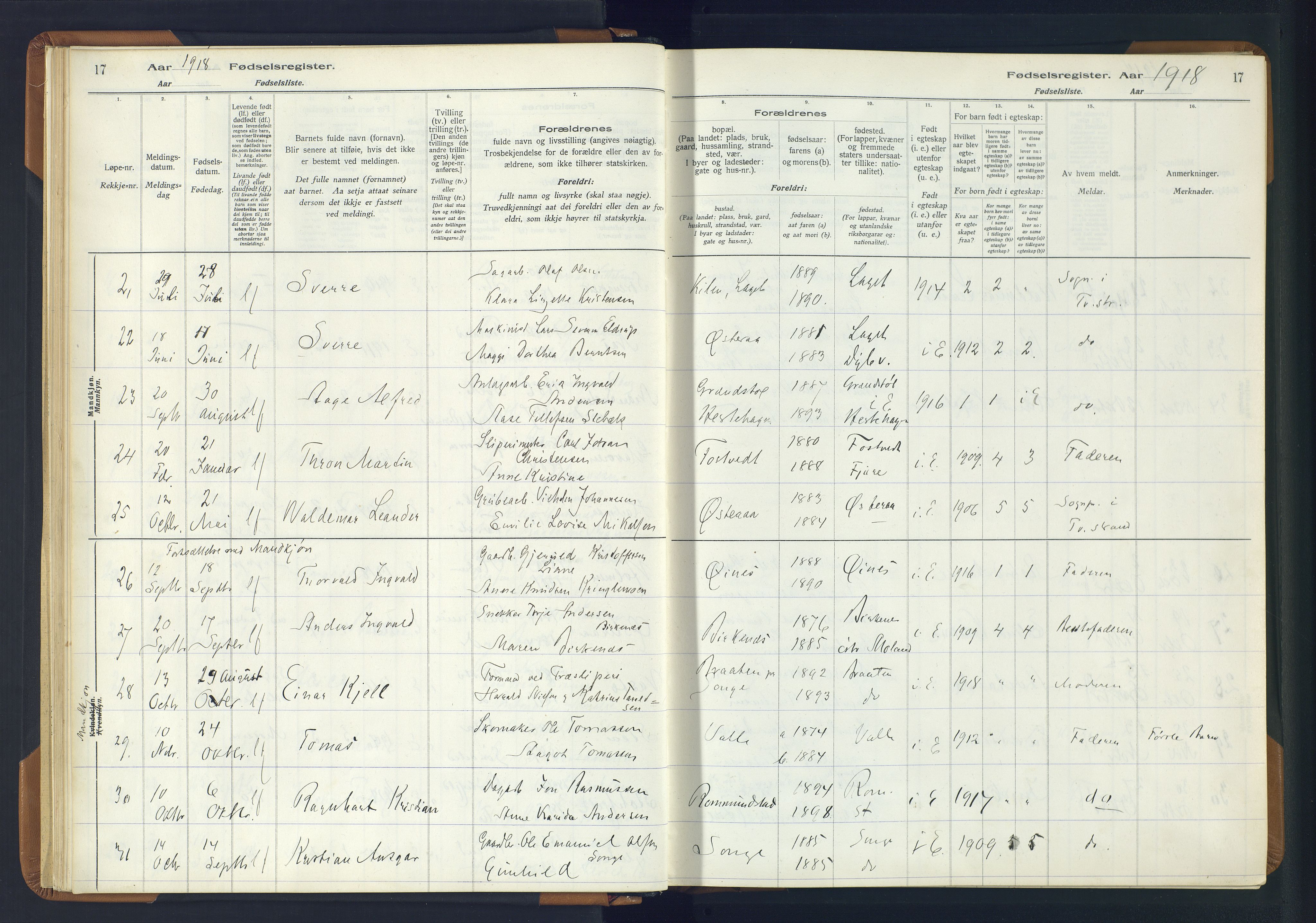 Holt sokneprestkontor, AV/SAK-1111-0021/J/Ja/L0001: Fødselsregister nr. II.4.1, 1916-1946, s. 17